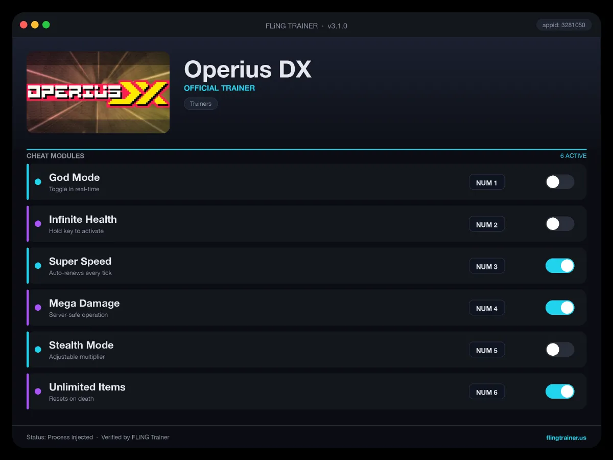 Operius DX Trainer interface