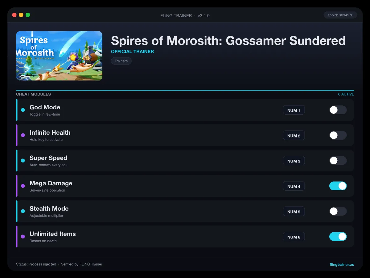 Spires of Morosith: Gossamer Sundered Trainer interface