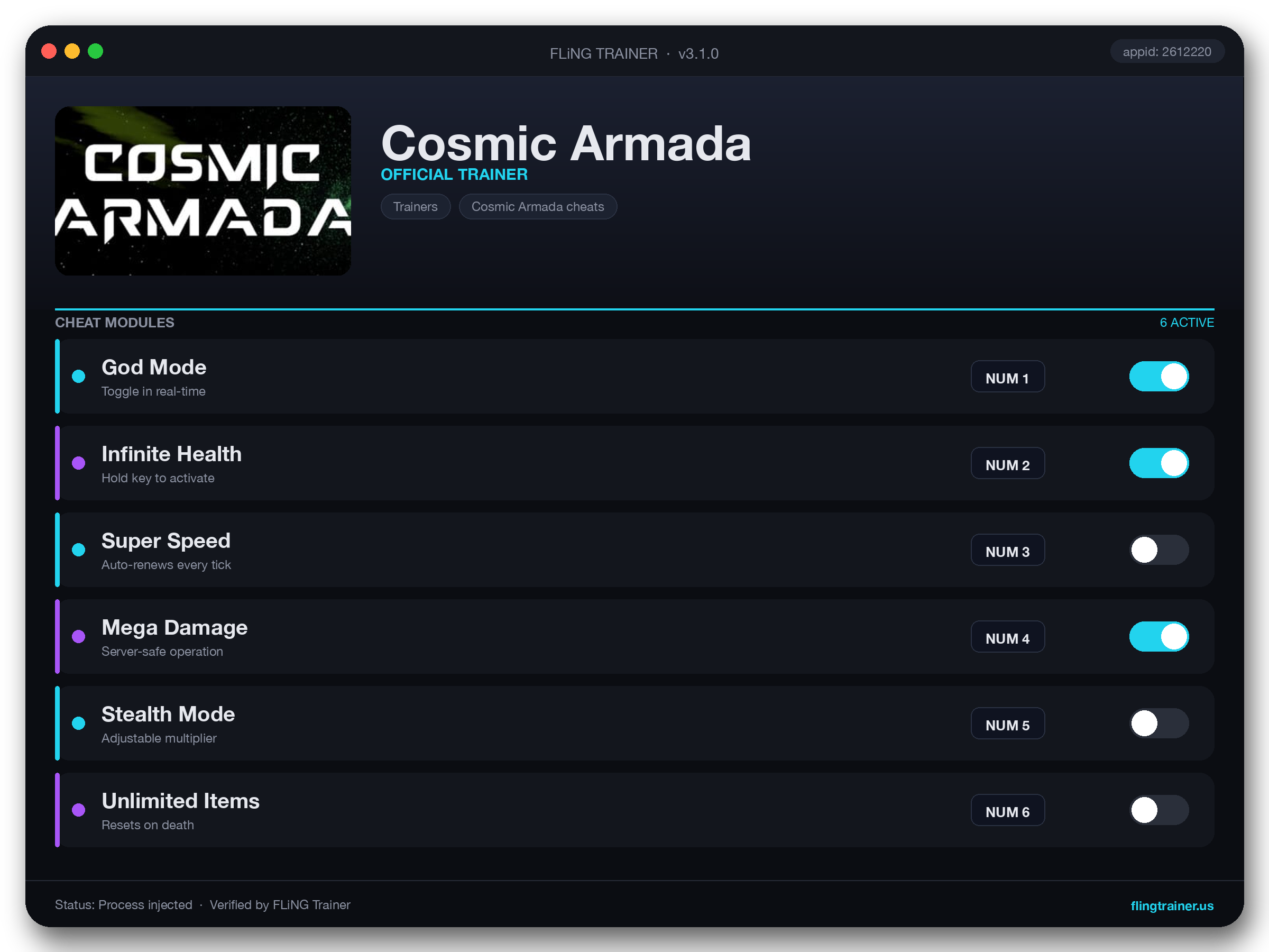 Cosmic Armada Trainer interface