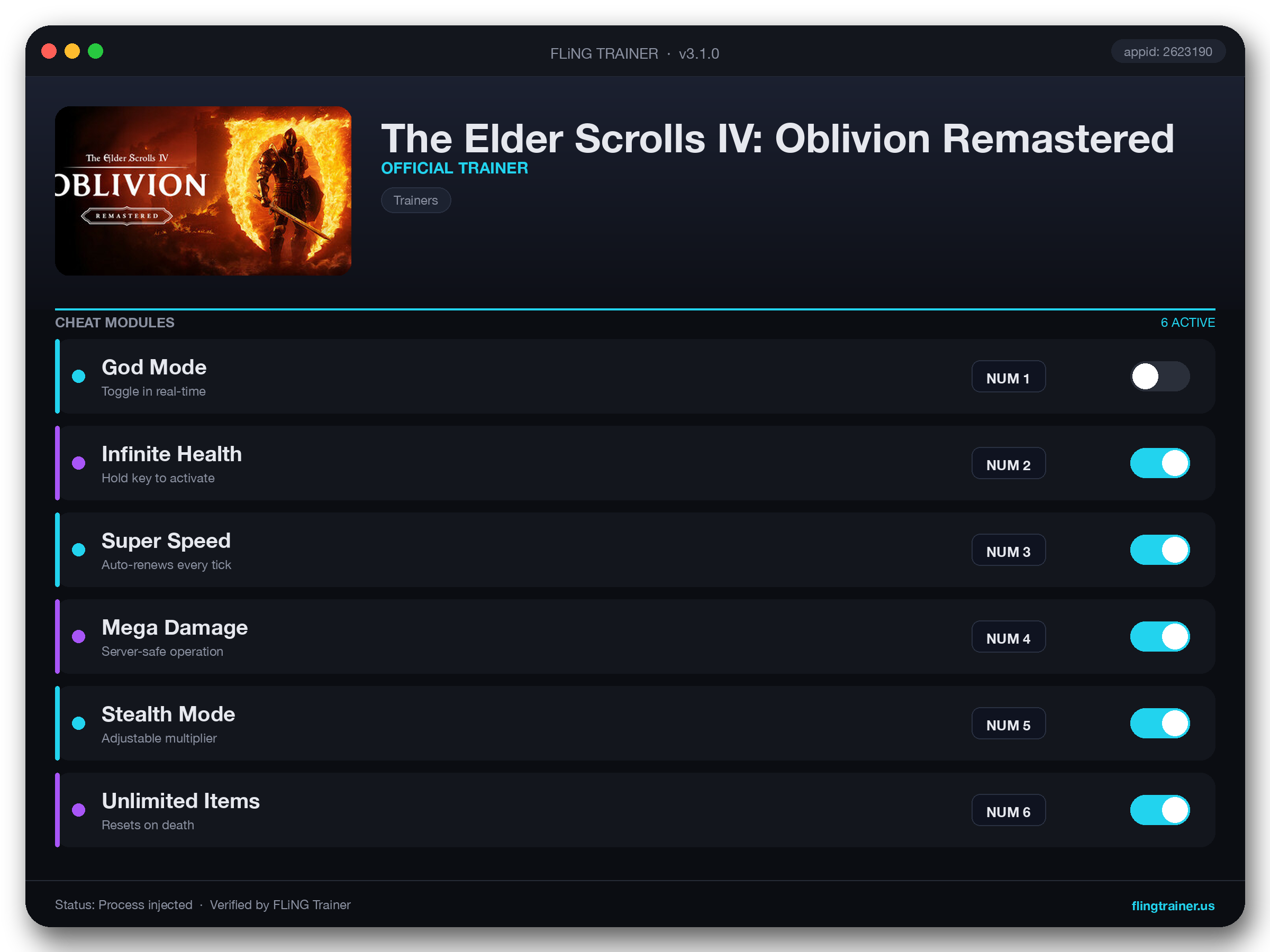 The Elder Scrolls IV: Oblivion Remastered Trainer interface