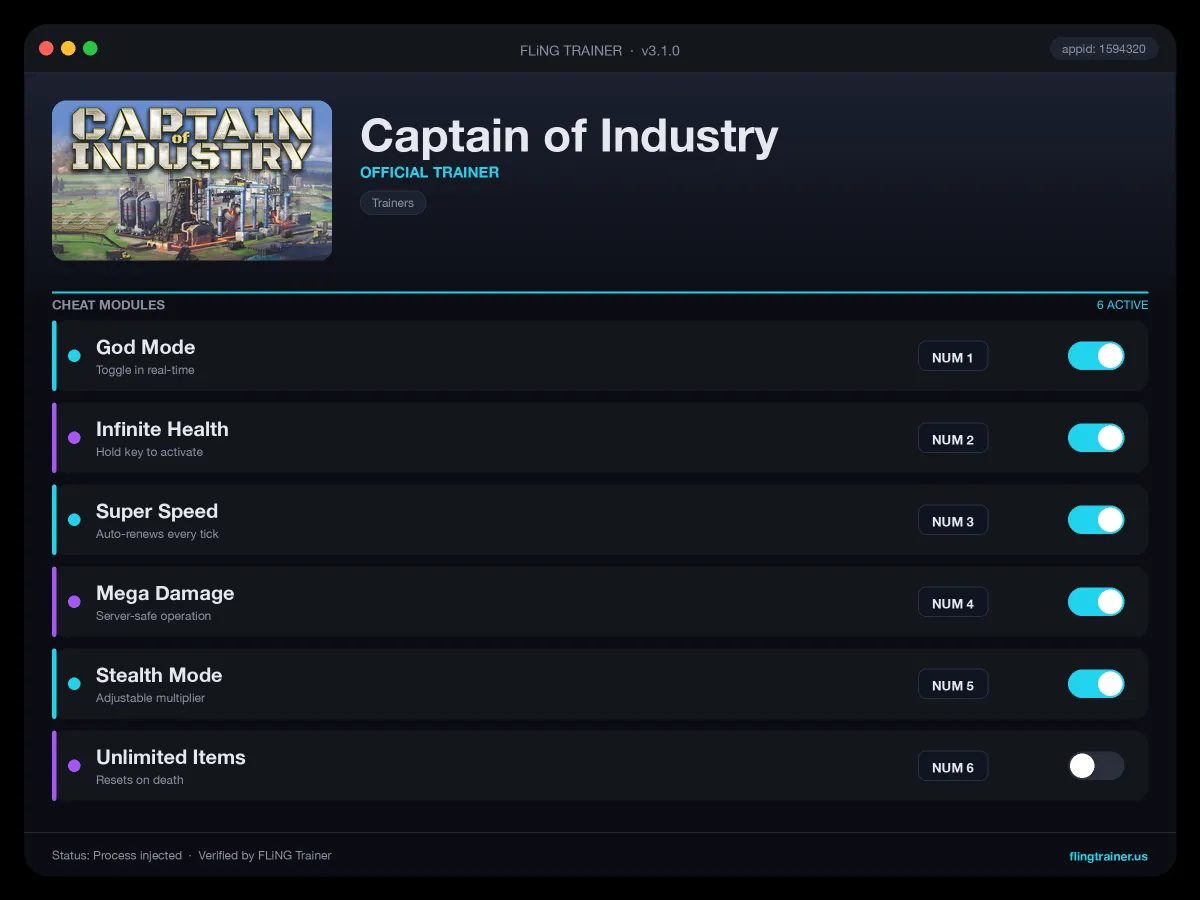 Captain of Industry Trainer interface