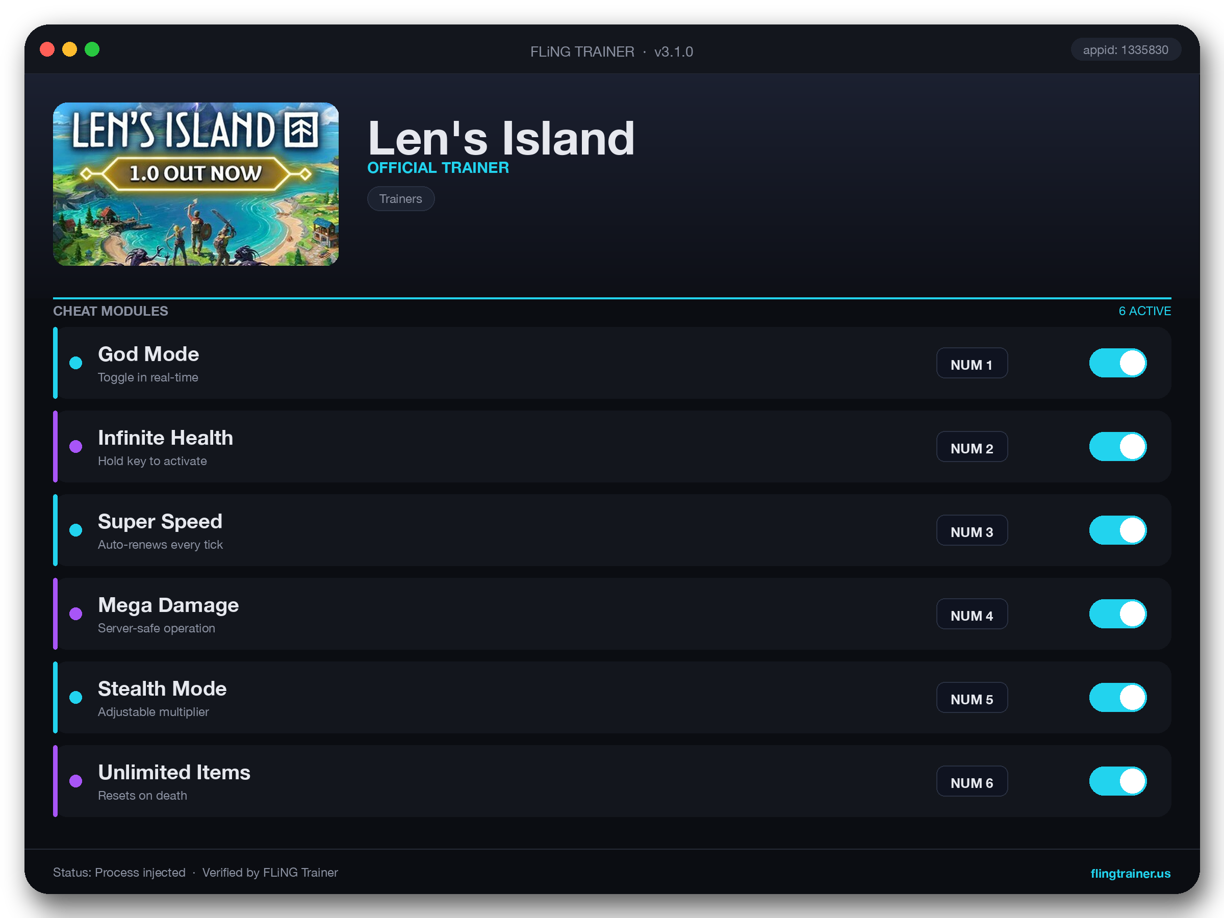 Len's Island Trainer interface