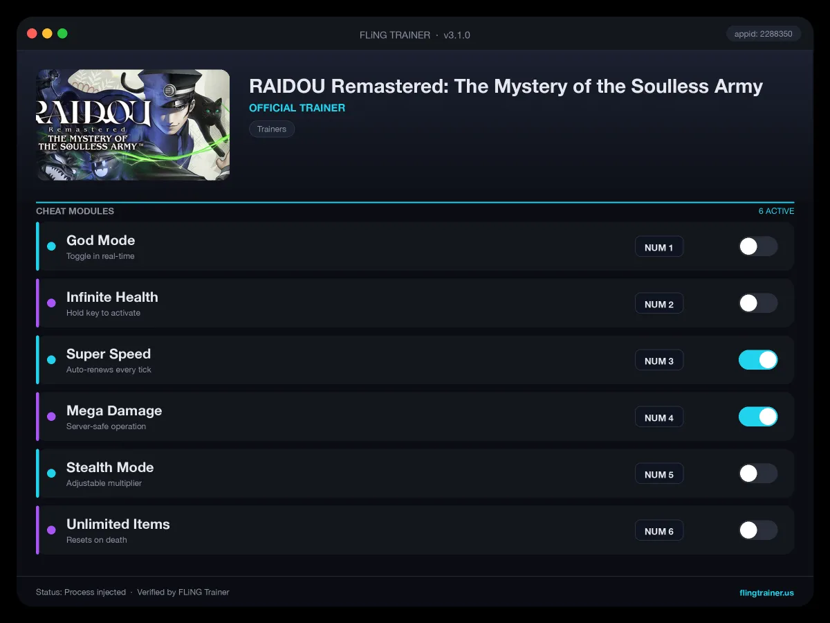 RAIDOU Remastered: The Mystery of the Soulless Army Trainer interface