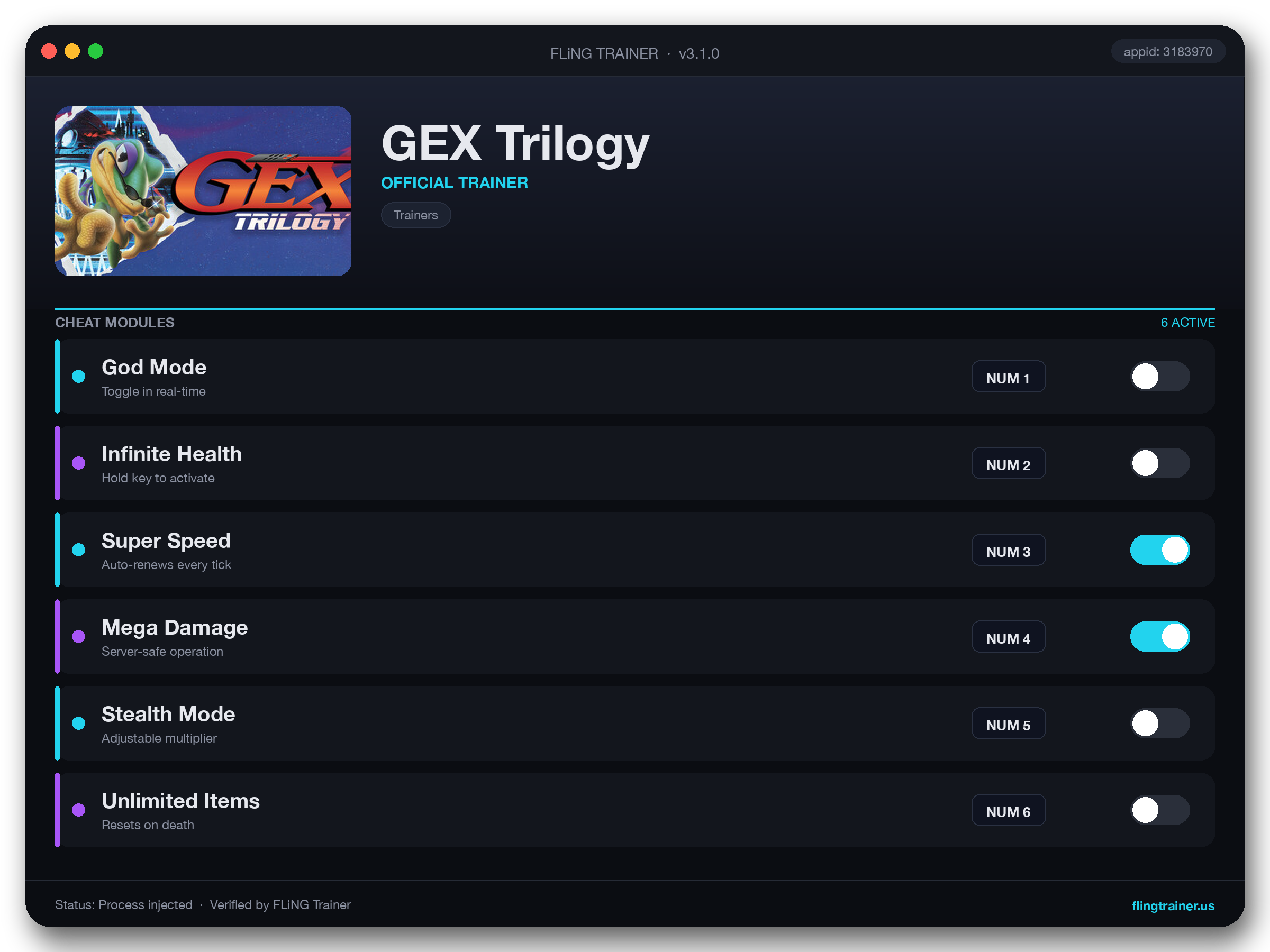 GEX Trilogy Trainer interface