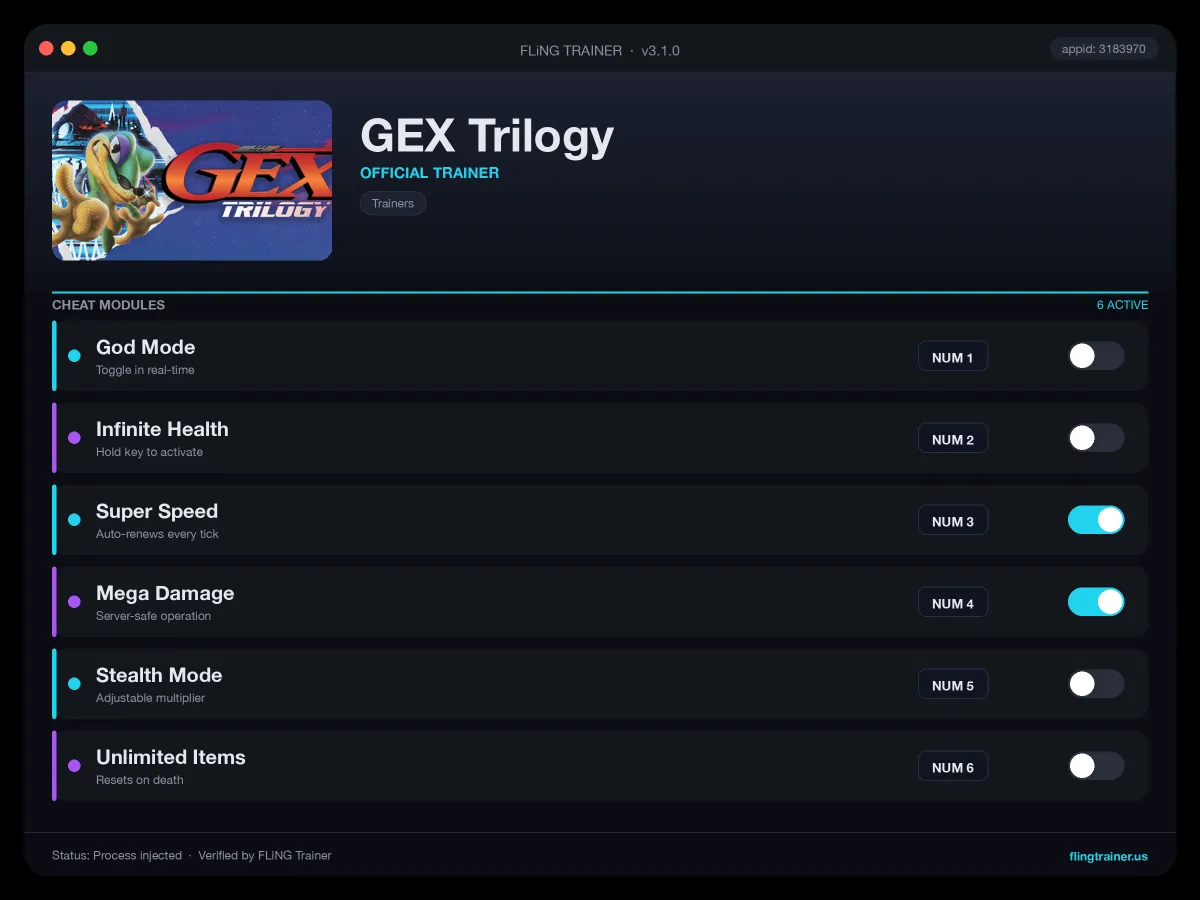 GEX Trilogy Trainer interface