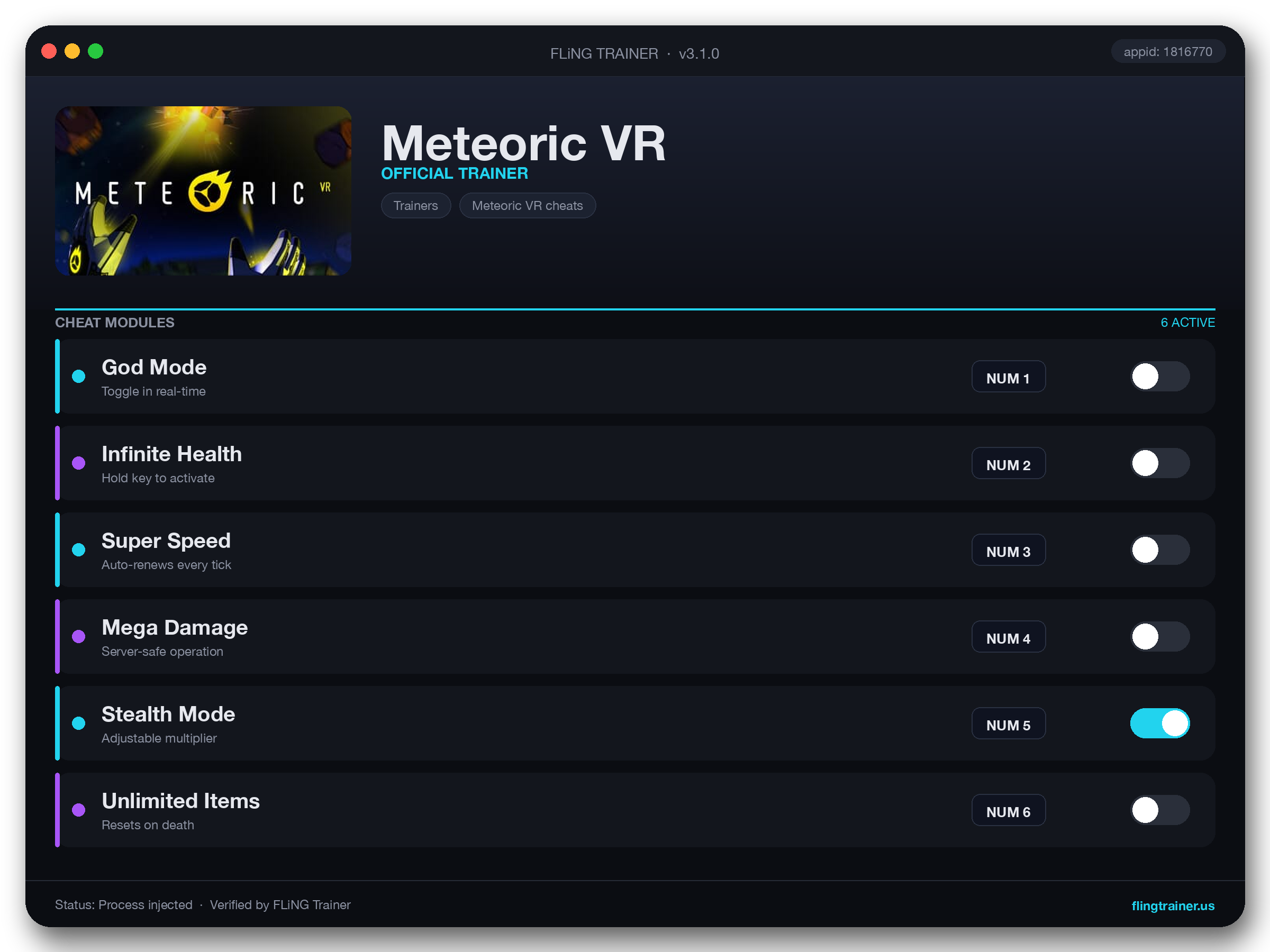 Meteoric VR Trainer interface
