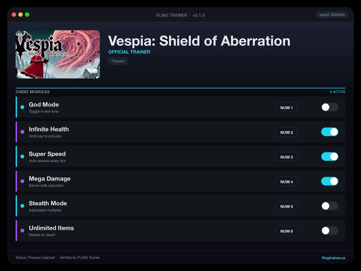 Vespia: Shield of Aberration Trainer interface