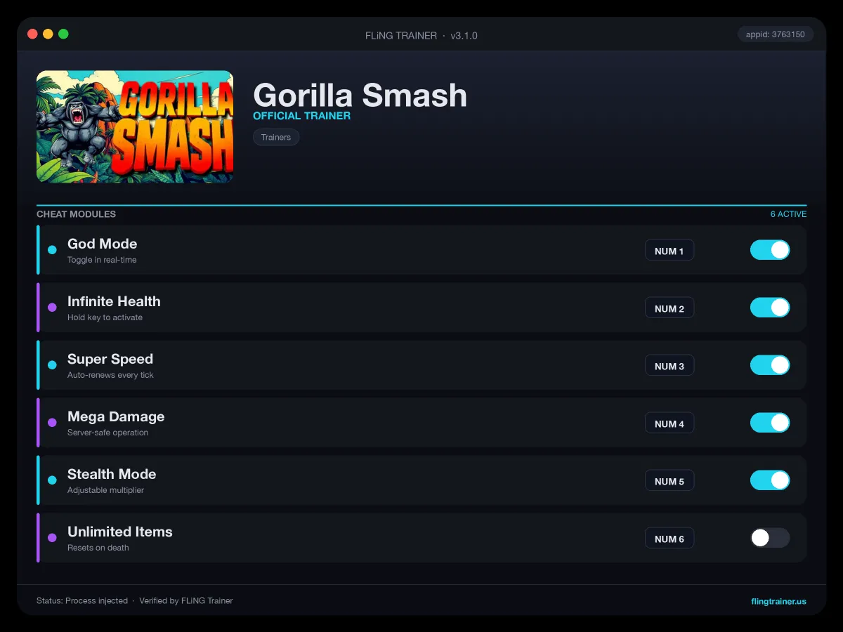 Gorilla Smash Trainer interface