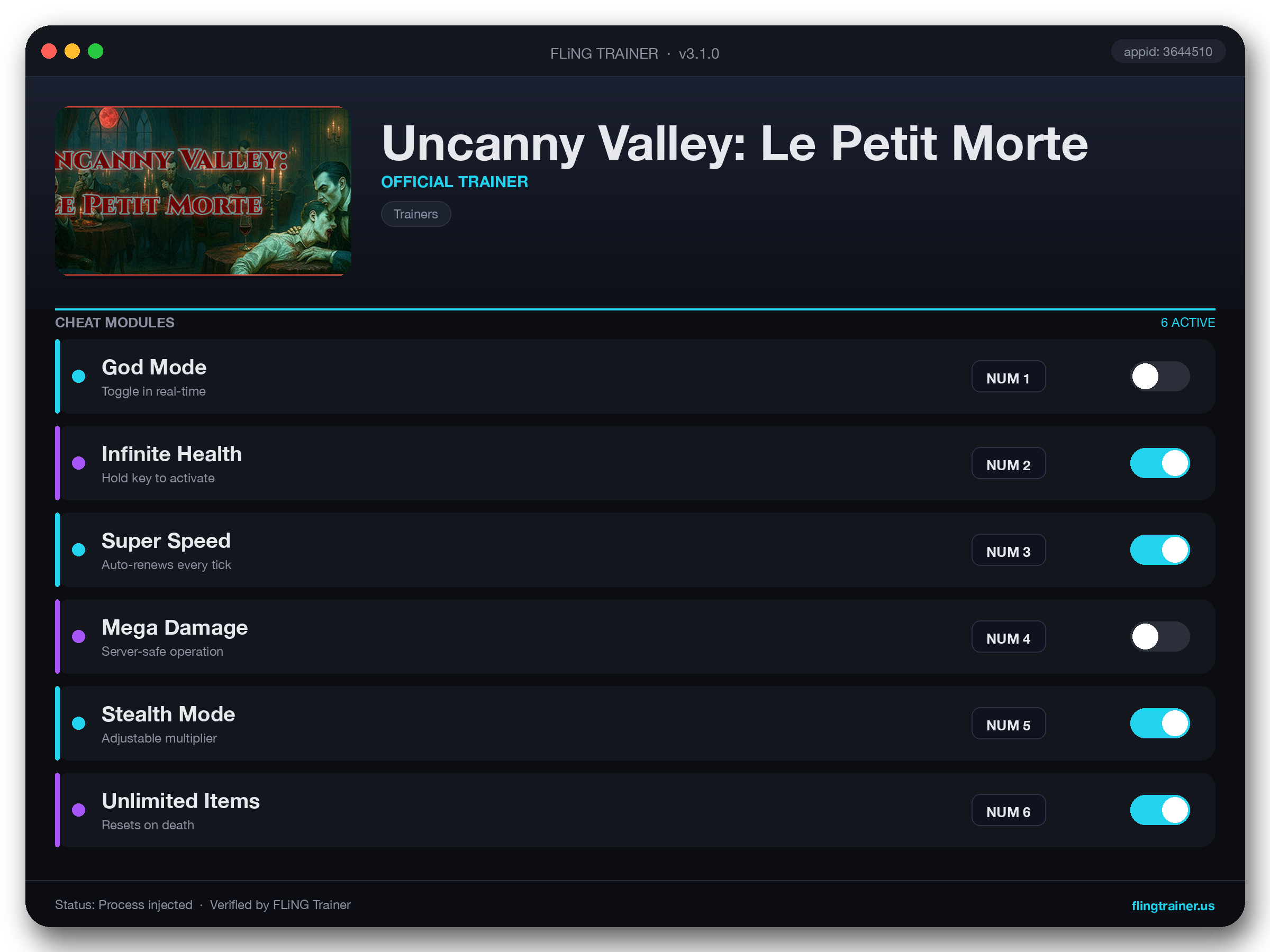 Uncanny Valley: Le Petit Morte Trainer interface