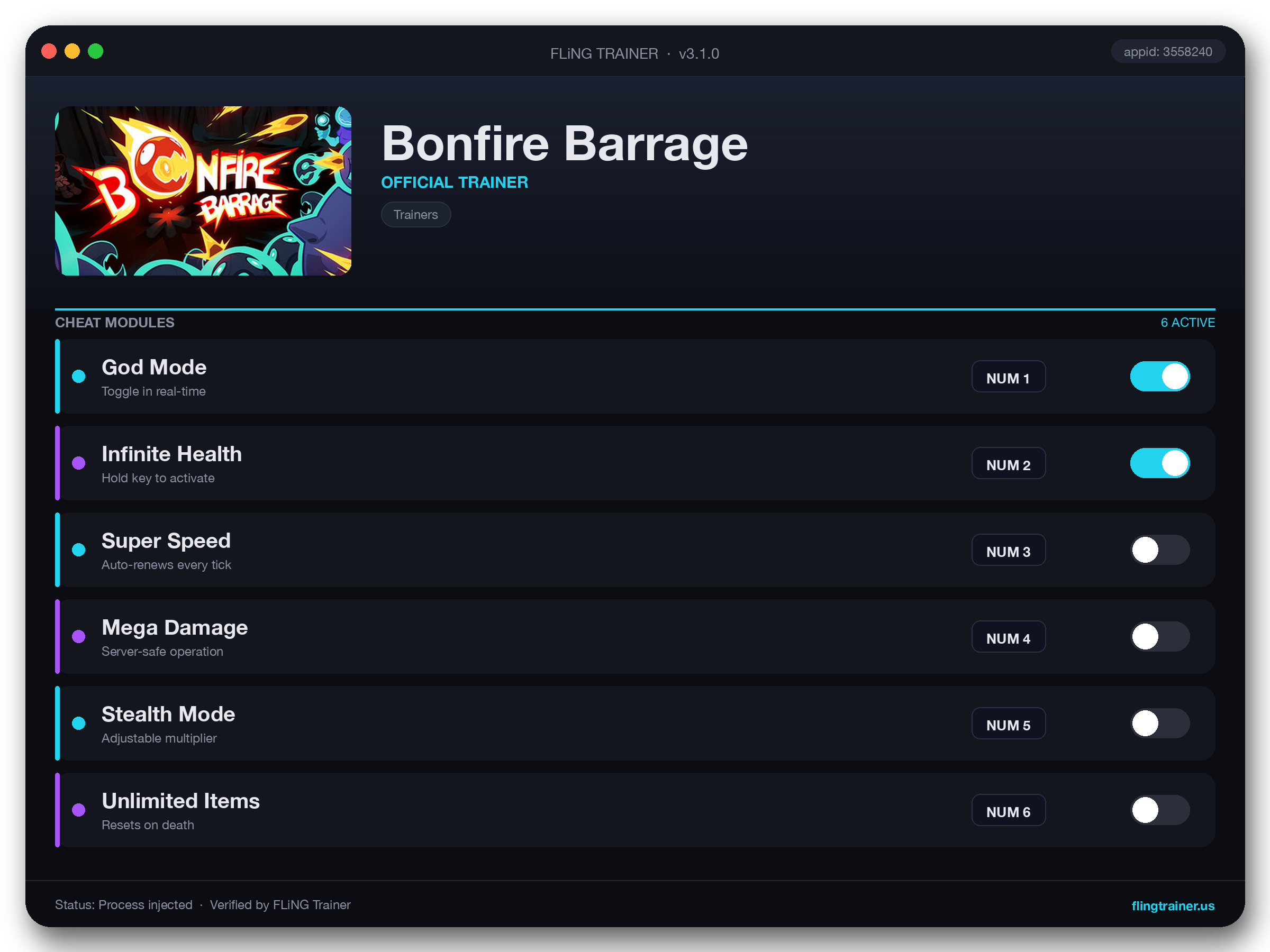Bonfire Barrage Trainer interface