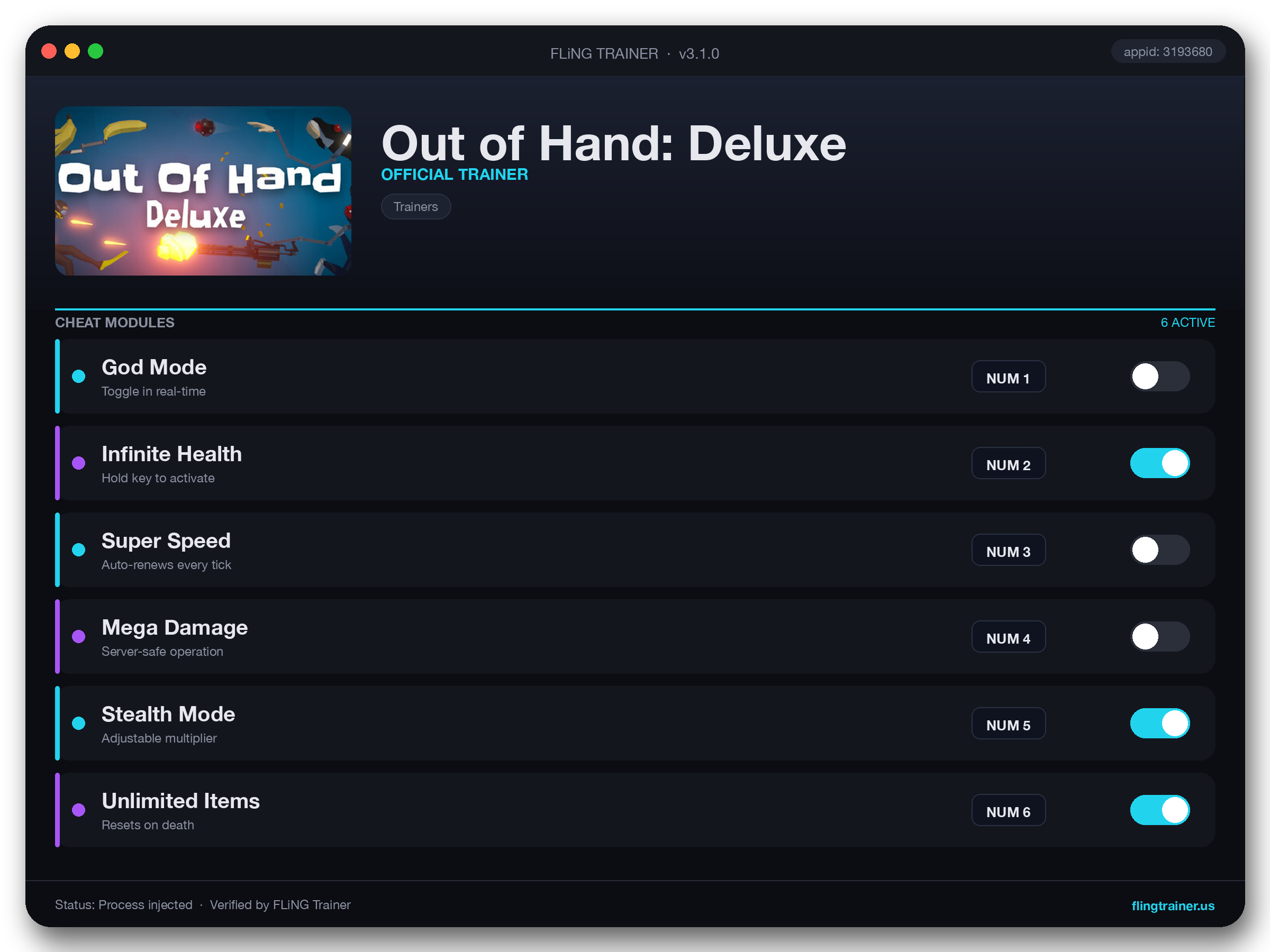 Out of Hand: Deluxe Trainer interface