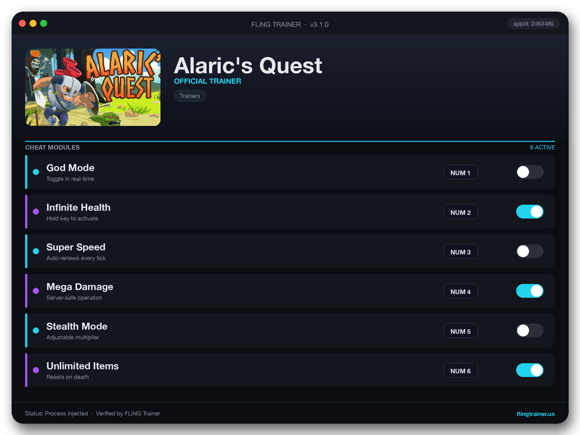 Alaric's Quest Trainer interface