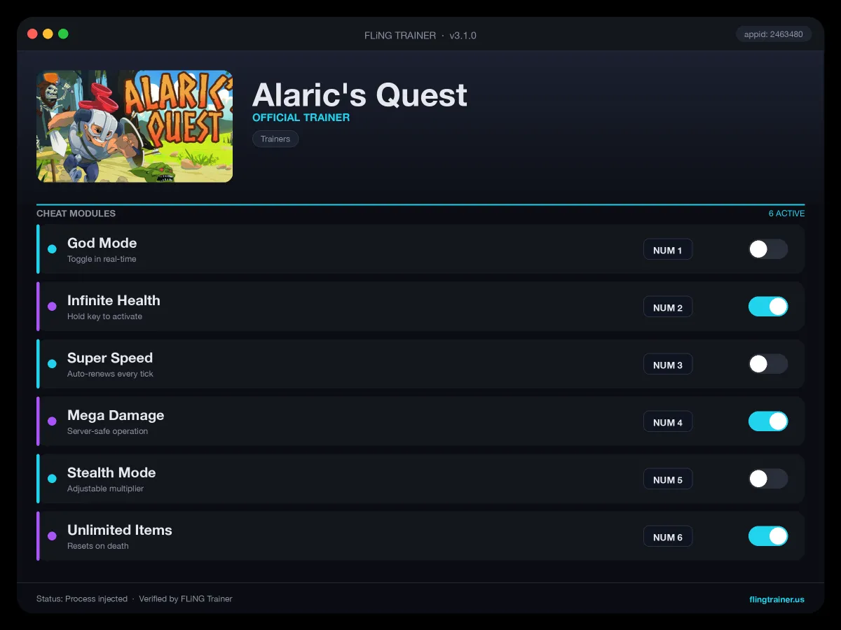 Alaric's Quest Trainer interface