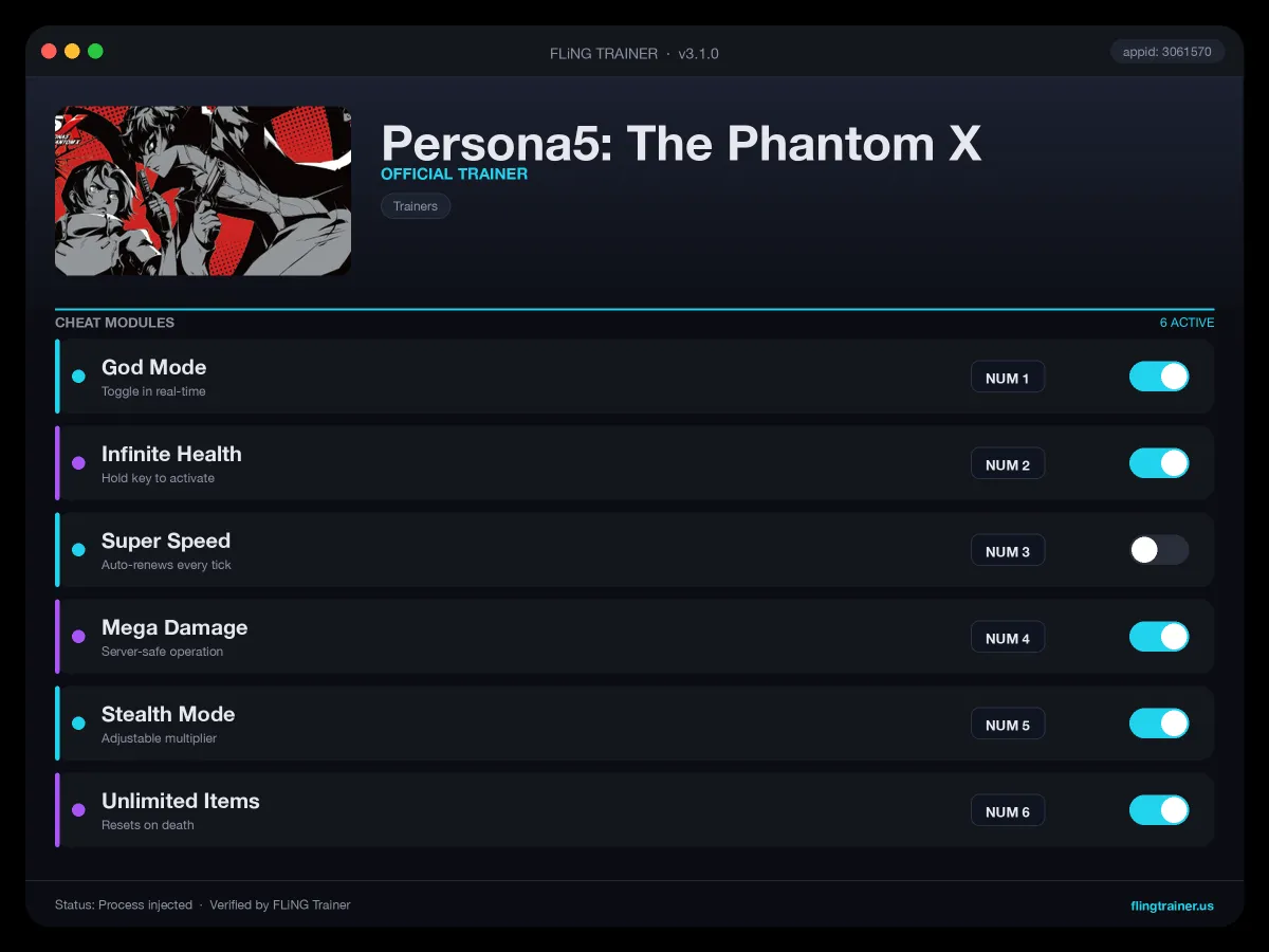 Persona5: The Phantom X Trainer interface