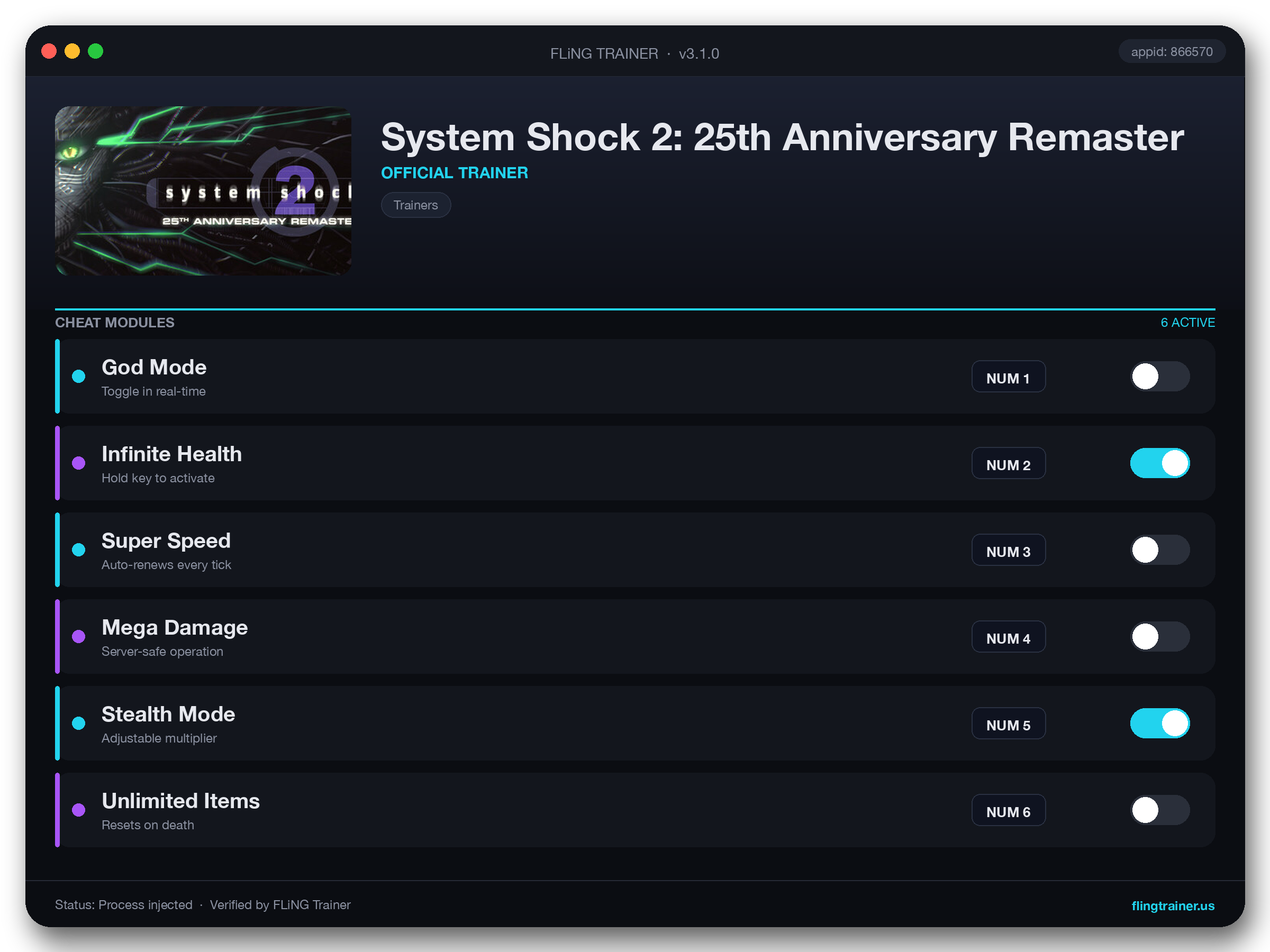 System Shock 2: 25th Anniversary Remaster Trainer interface