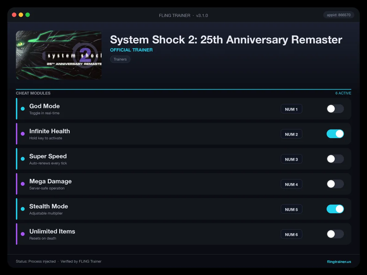 System Shock 2: 25th Anniversary Remaster Trainer interface