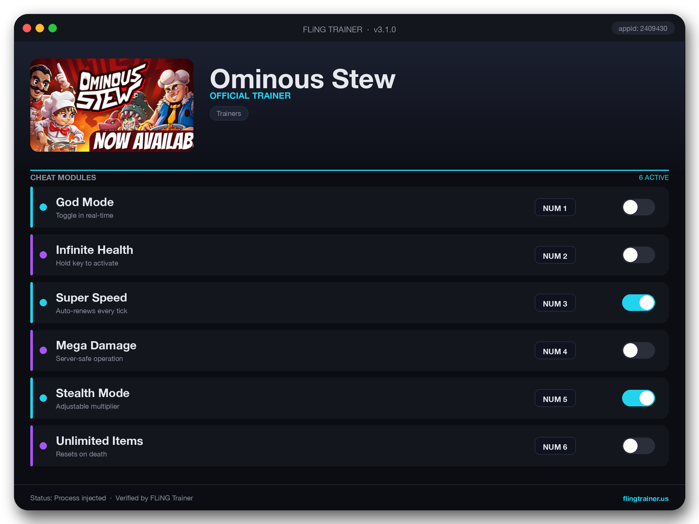 Ominous Stew Trainer interface