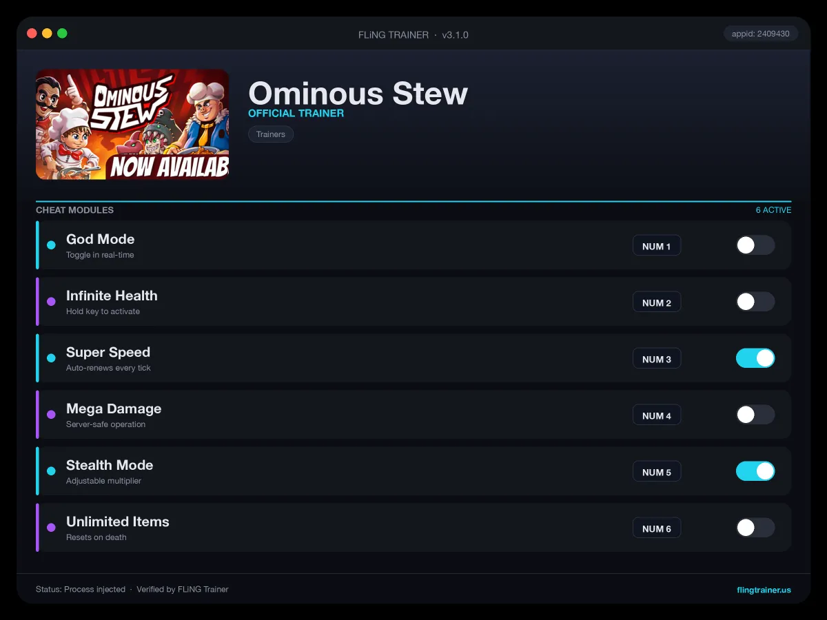 Ominous Stew Trainer interface