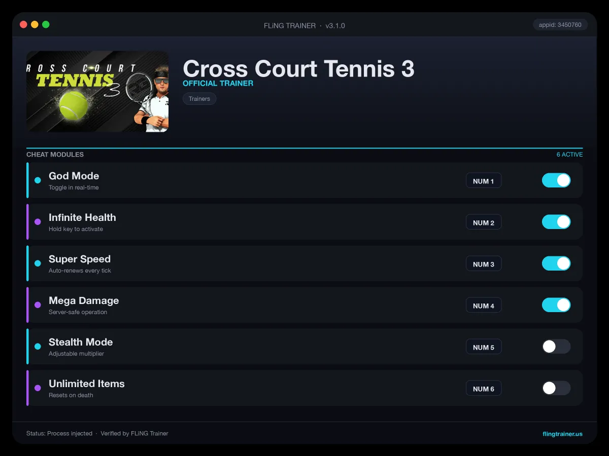Cross Court Tennis 3 Trainer interface