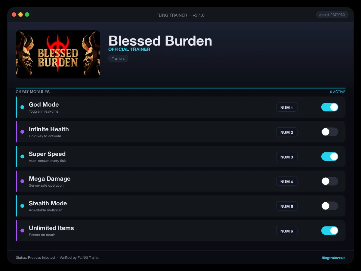 Blessed Burden Trainer interface