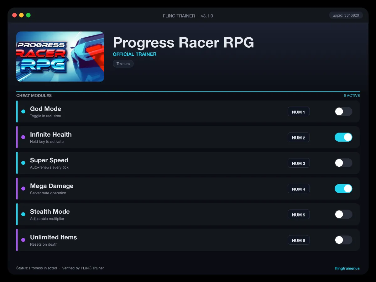 Progress Racer RPG Trainer interface