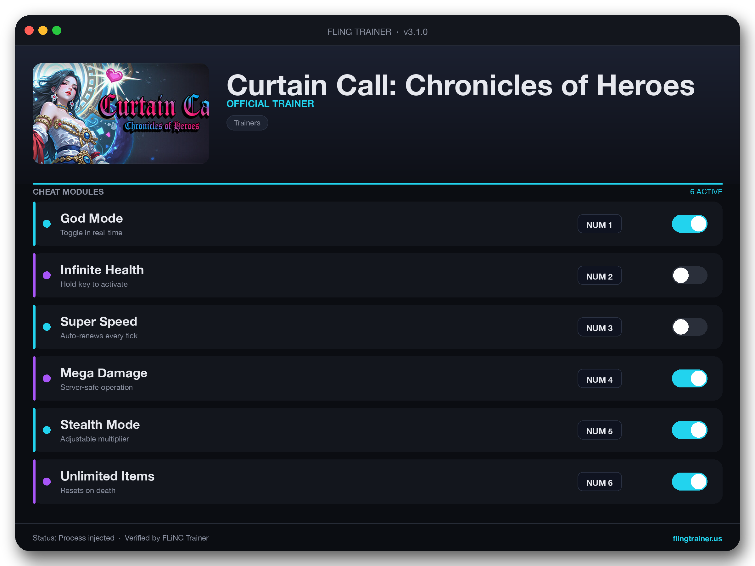 Curtain Call: Chronicles of Heroes Trainer interface
