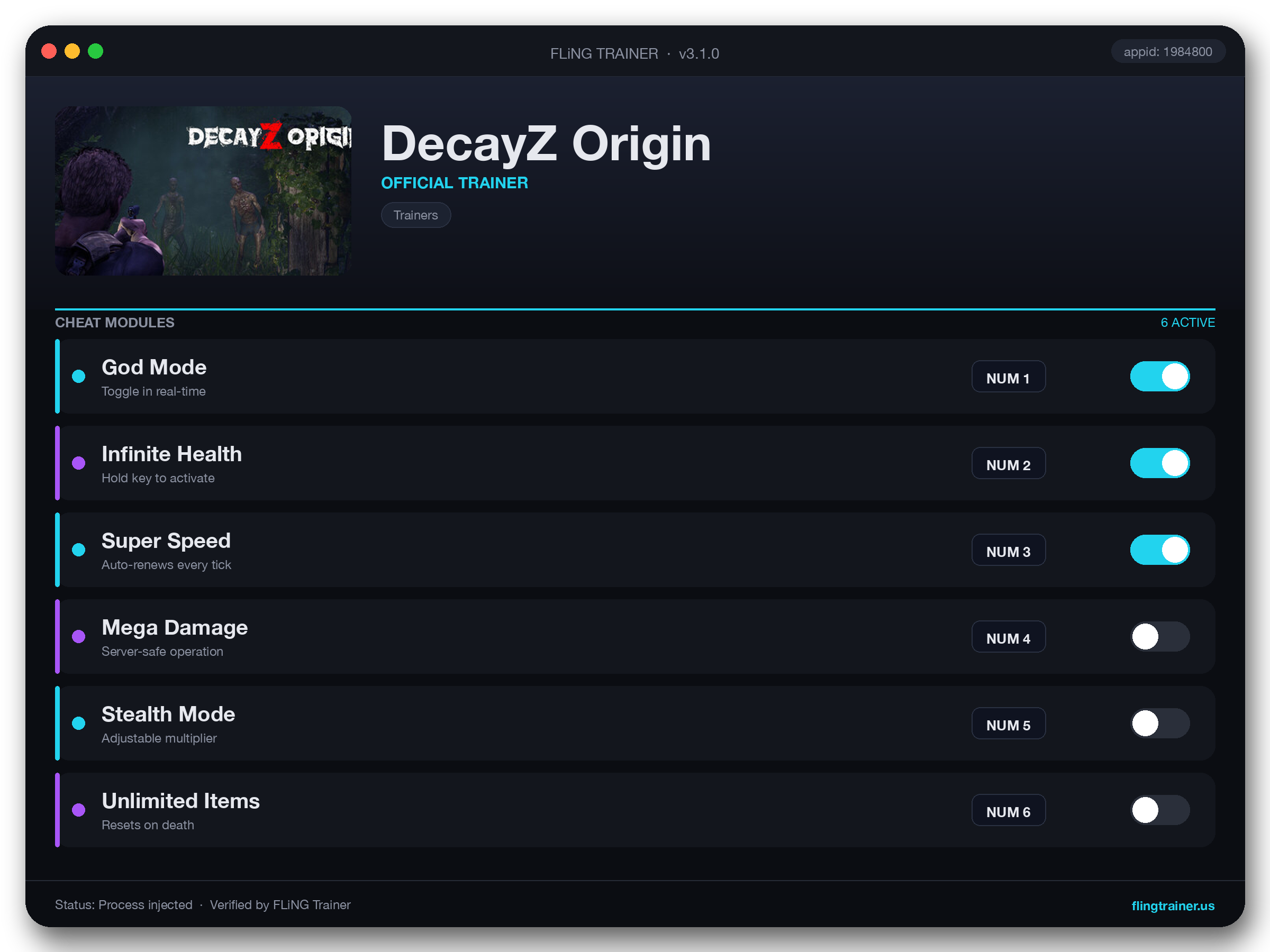 DecayZ Origin Trainer interface