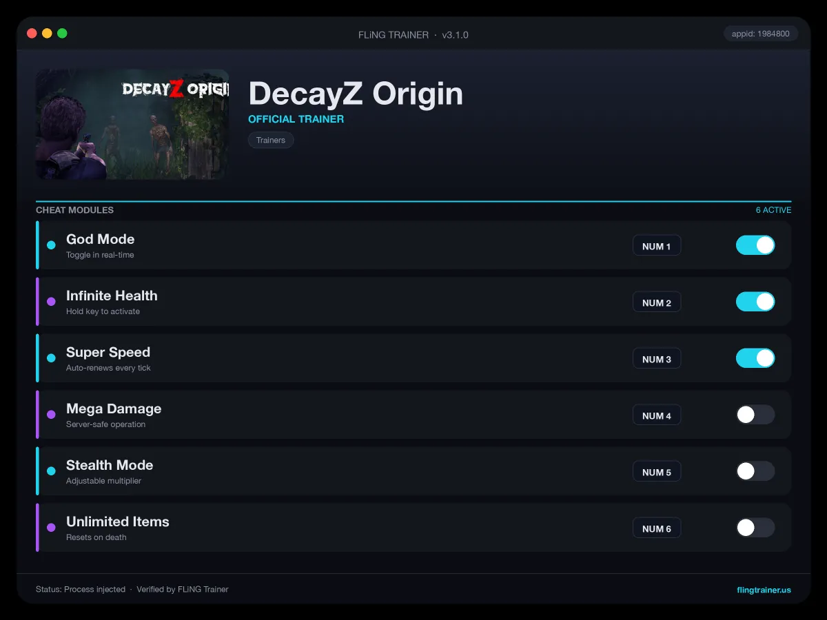 DecayZ Origin Trainer interface