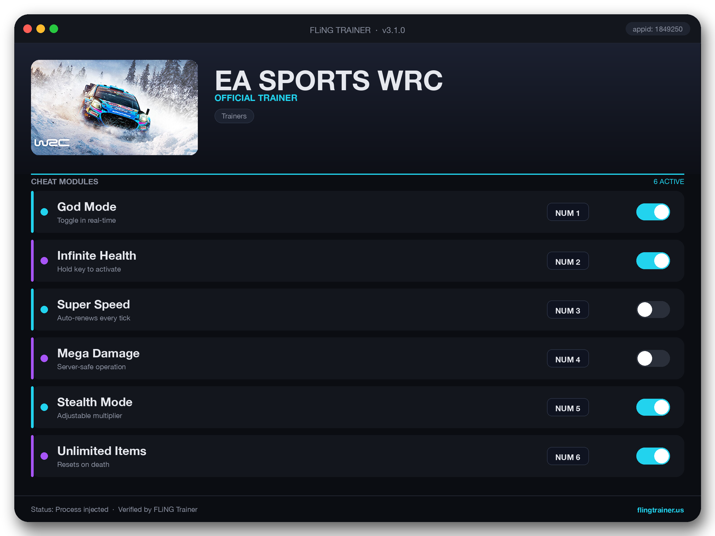 EA SPORTS WRC Trainer interface