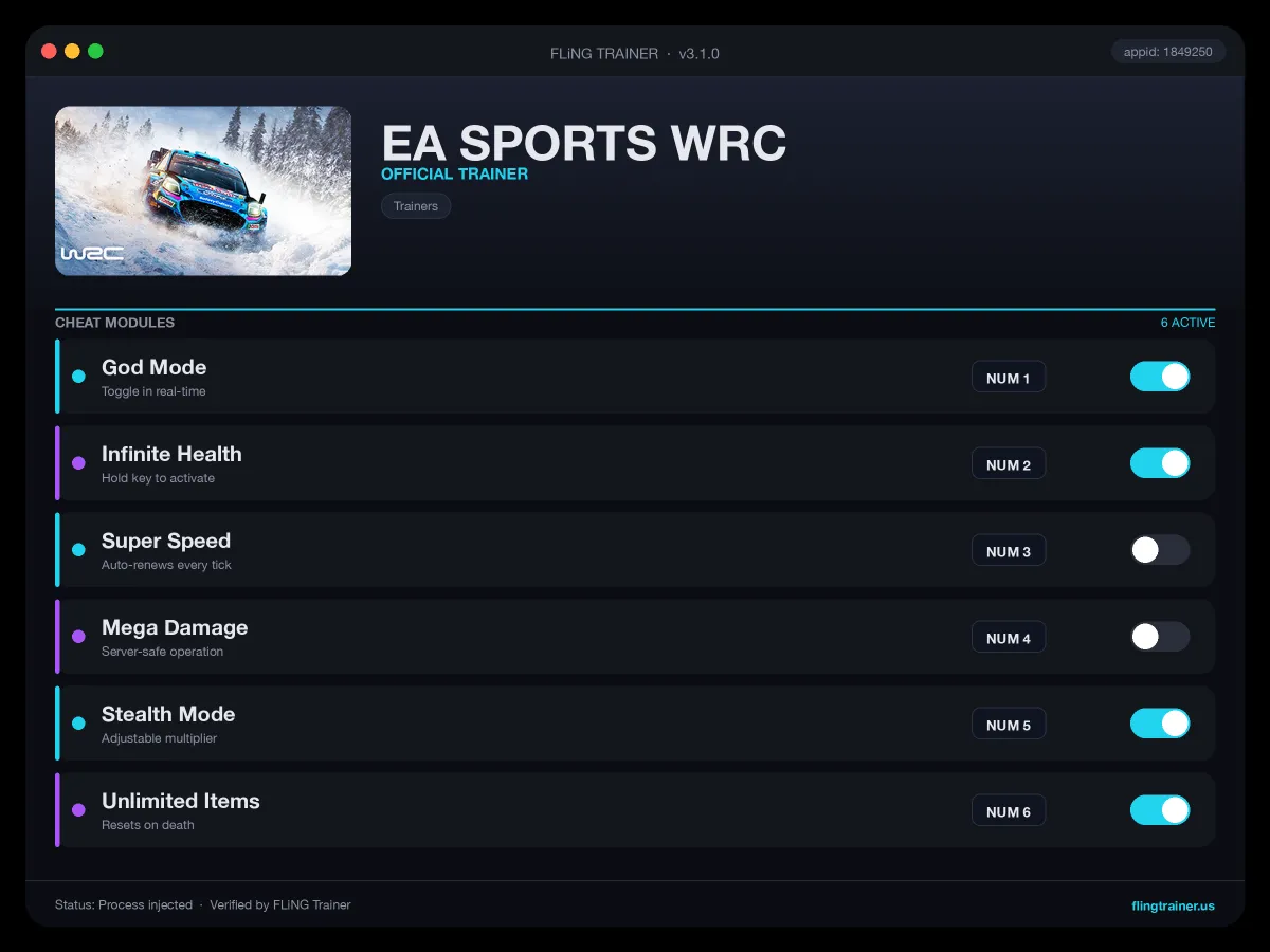 EA SPORTS WRC Trainer interface