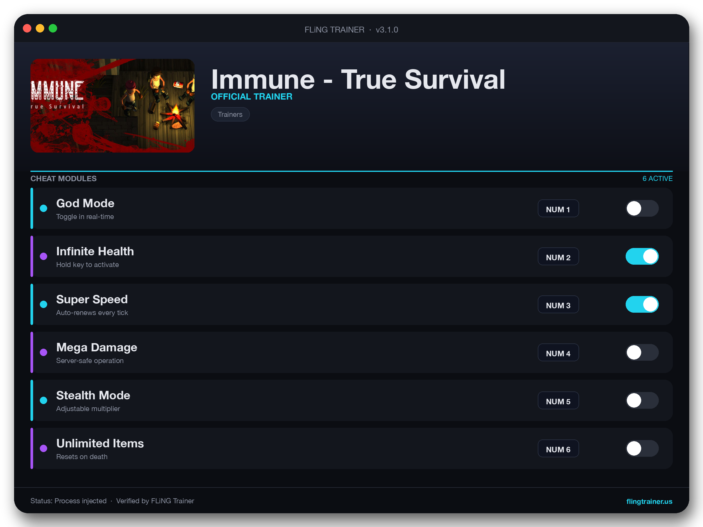 Immune - True Survival Trainer interface
