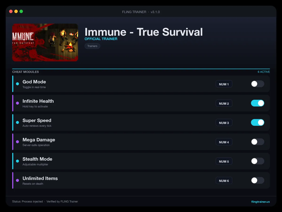 Immune - True Survival Trainer interface