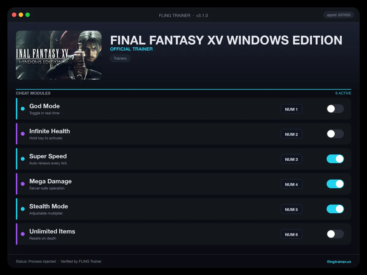 FINAL FANTASY XV WINDOWS EDITION Trainer interface