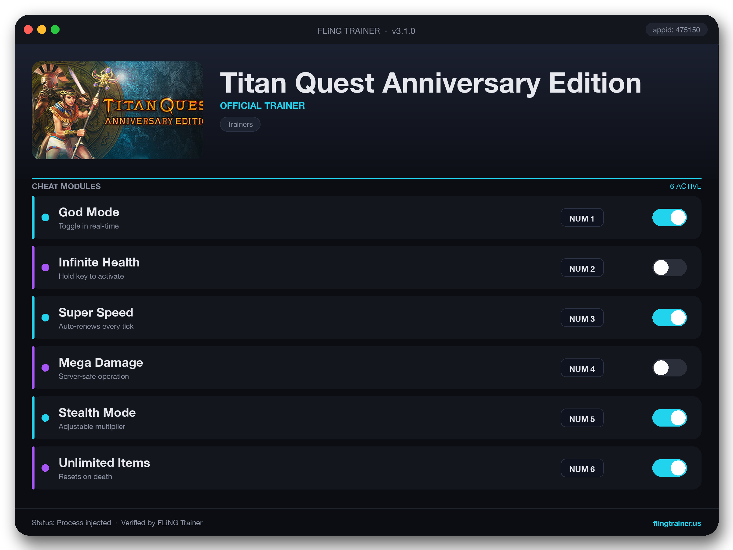 Titan Quest Anniversary Edition Trainer interface