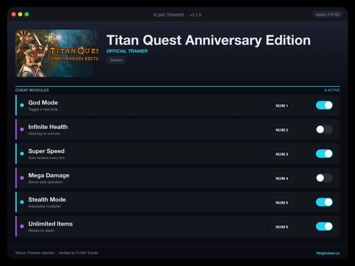 Titan Quest Anniversary Edition Trainer interface