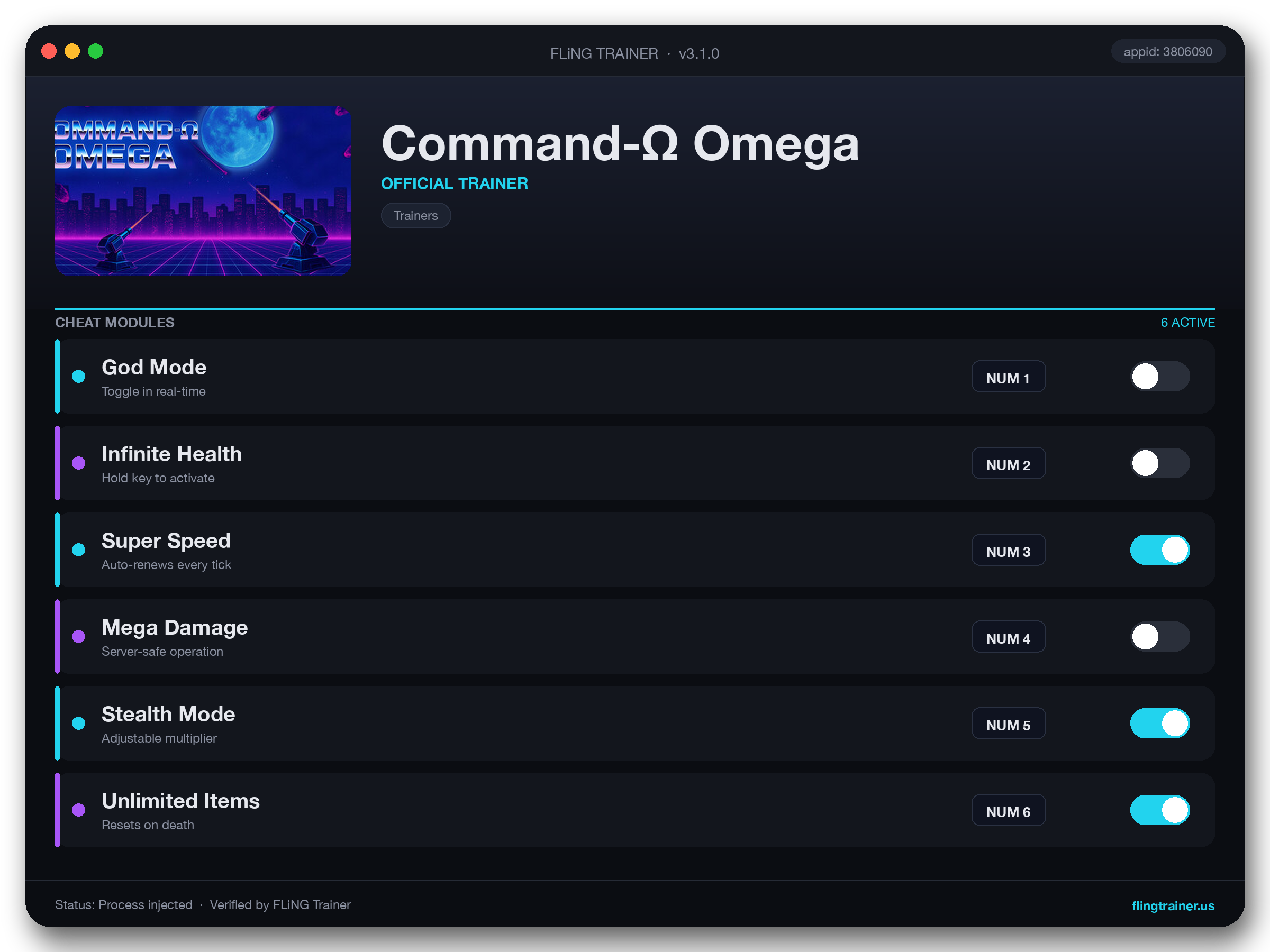 Command-Ω Omega Trainer interface