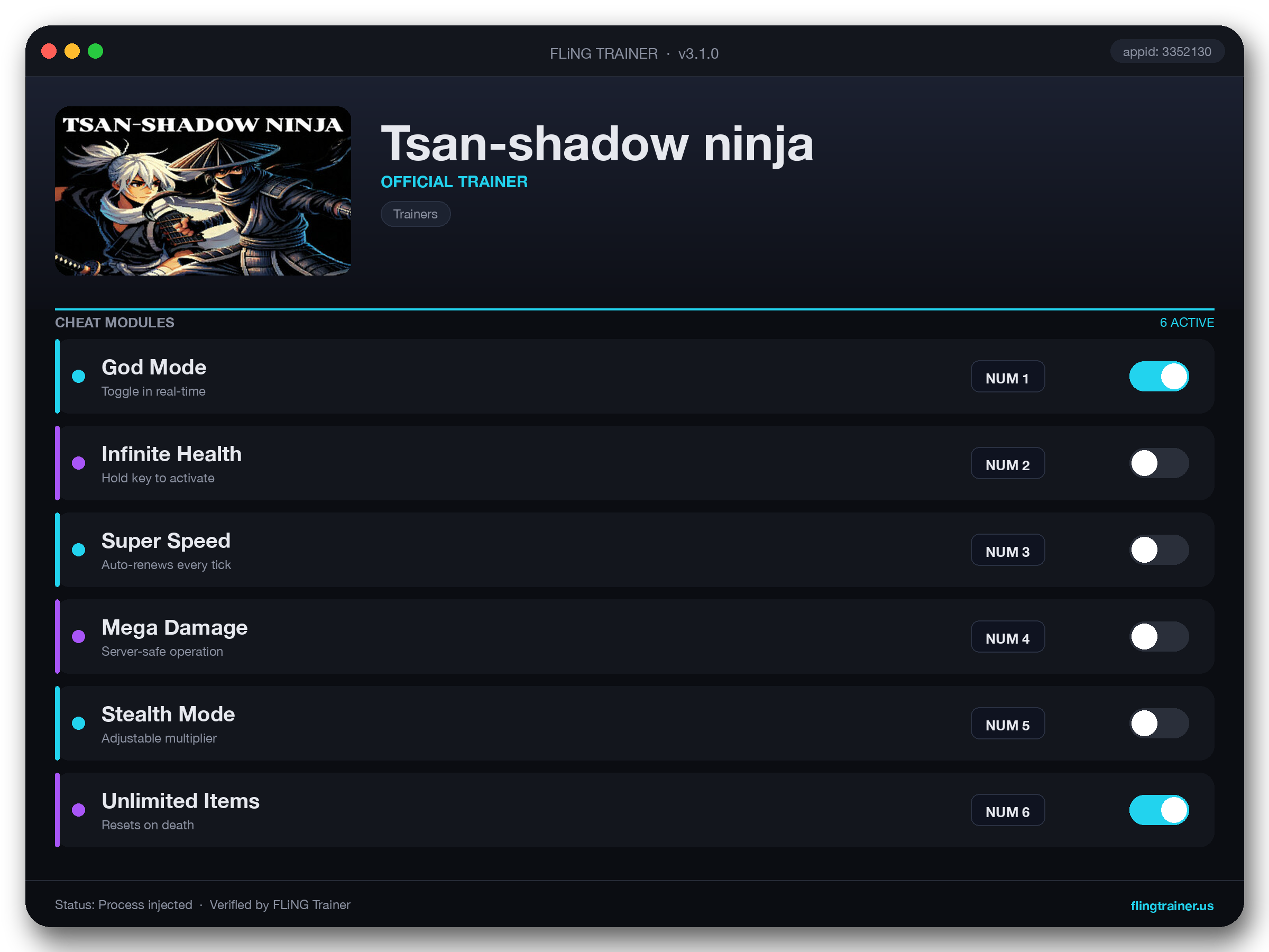 Tsan-shadow ninja Trainer interface