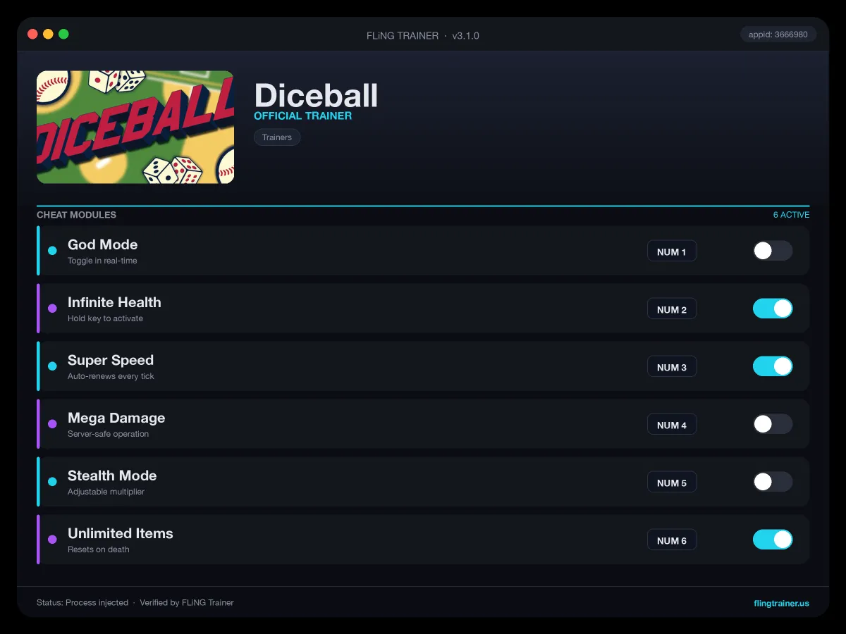 Diceball Trainer interface