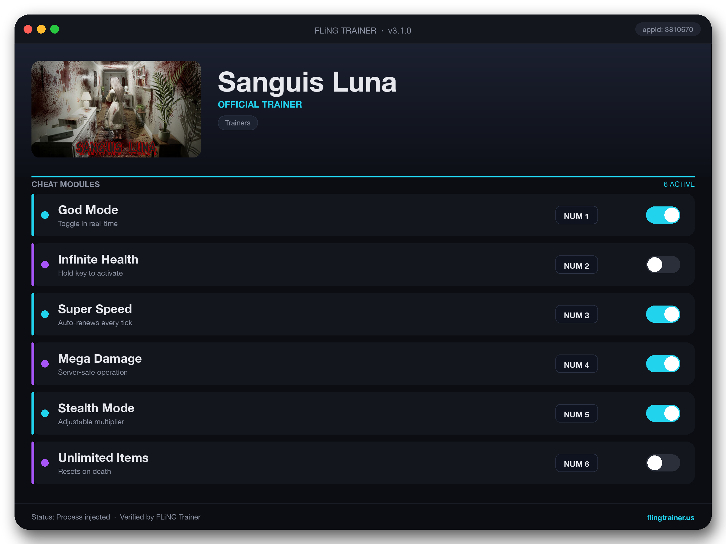 Sanguis Luna Trainer interface