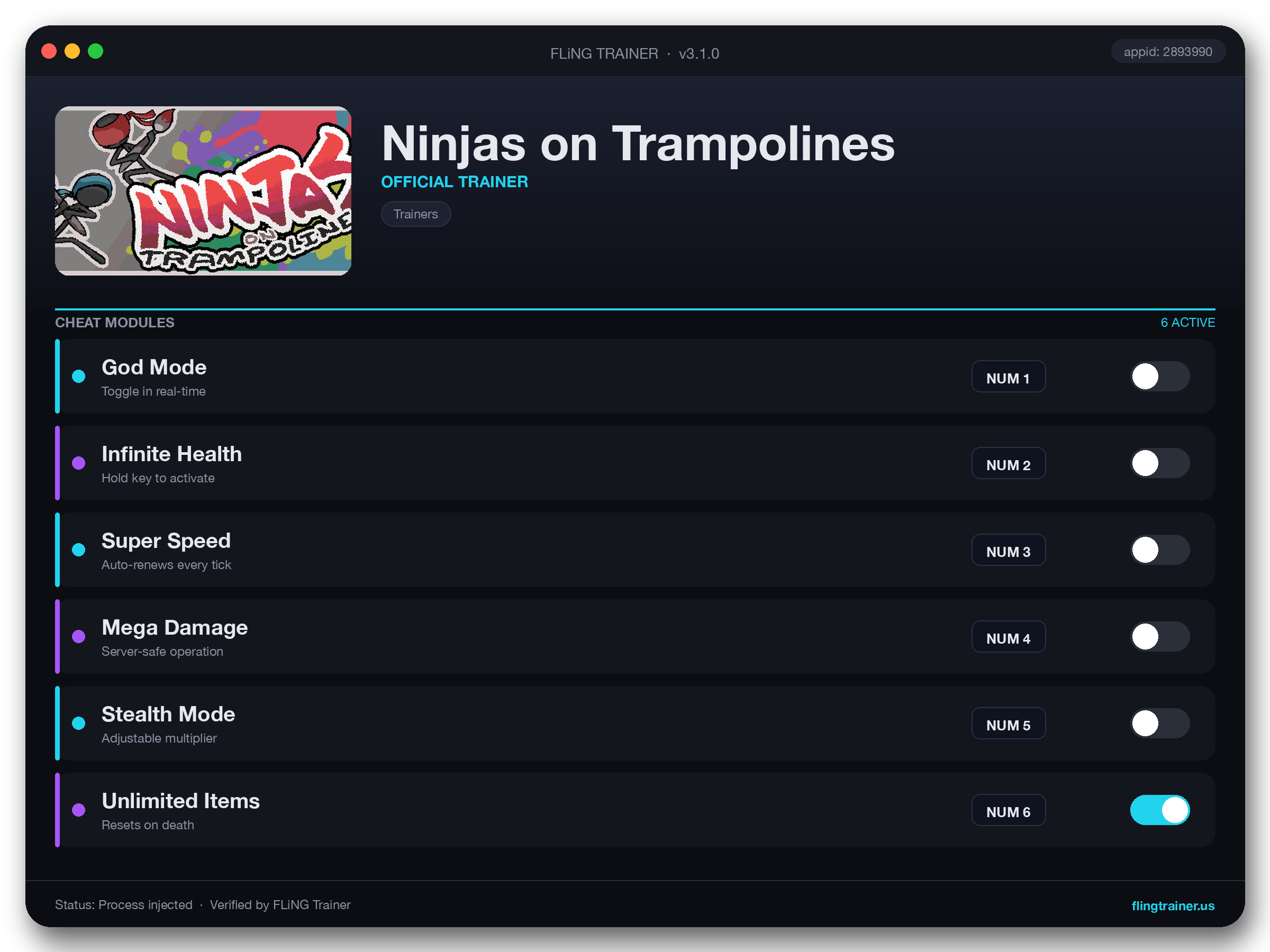 Ninjas on Trampolines Trainer interface
