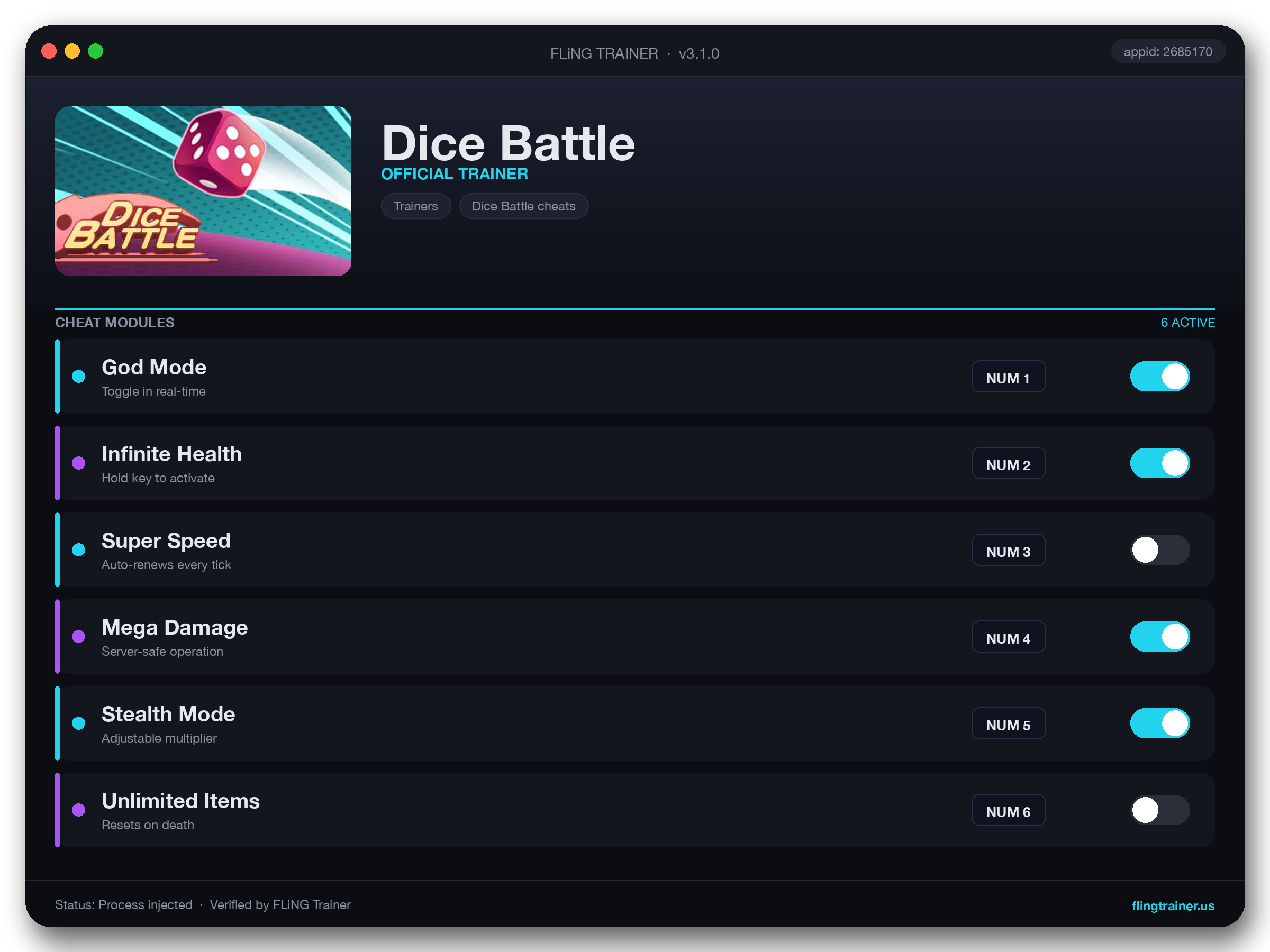 Dice Battle Trainer interface