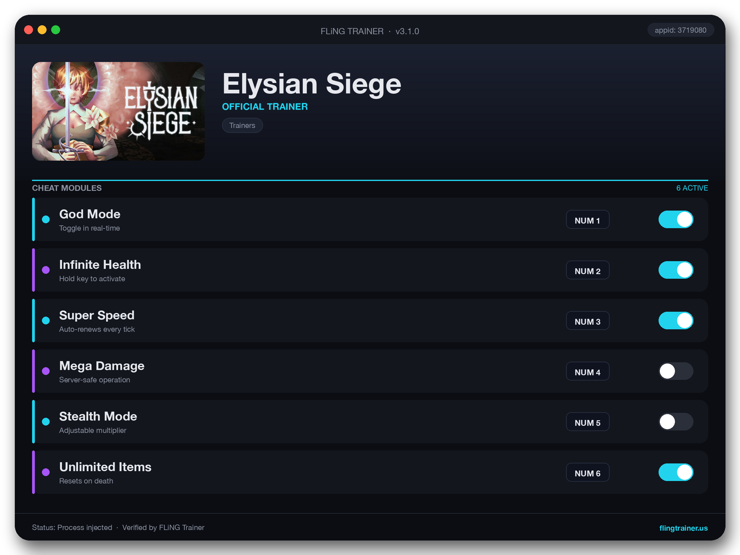 Elysian Siege Trainer interface