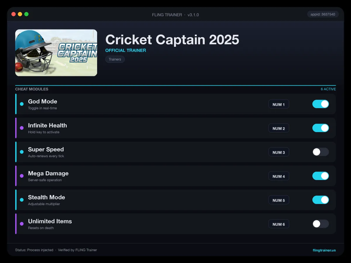 Cricket Captain 2025 Trainer interface