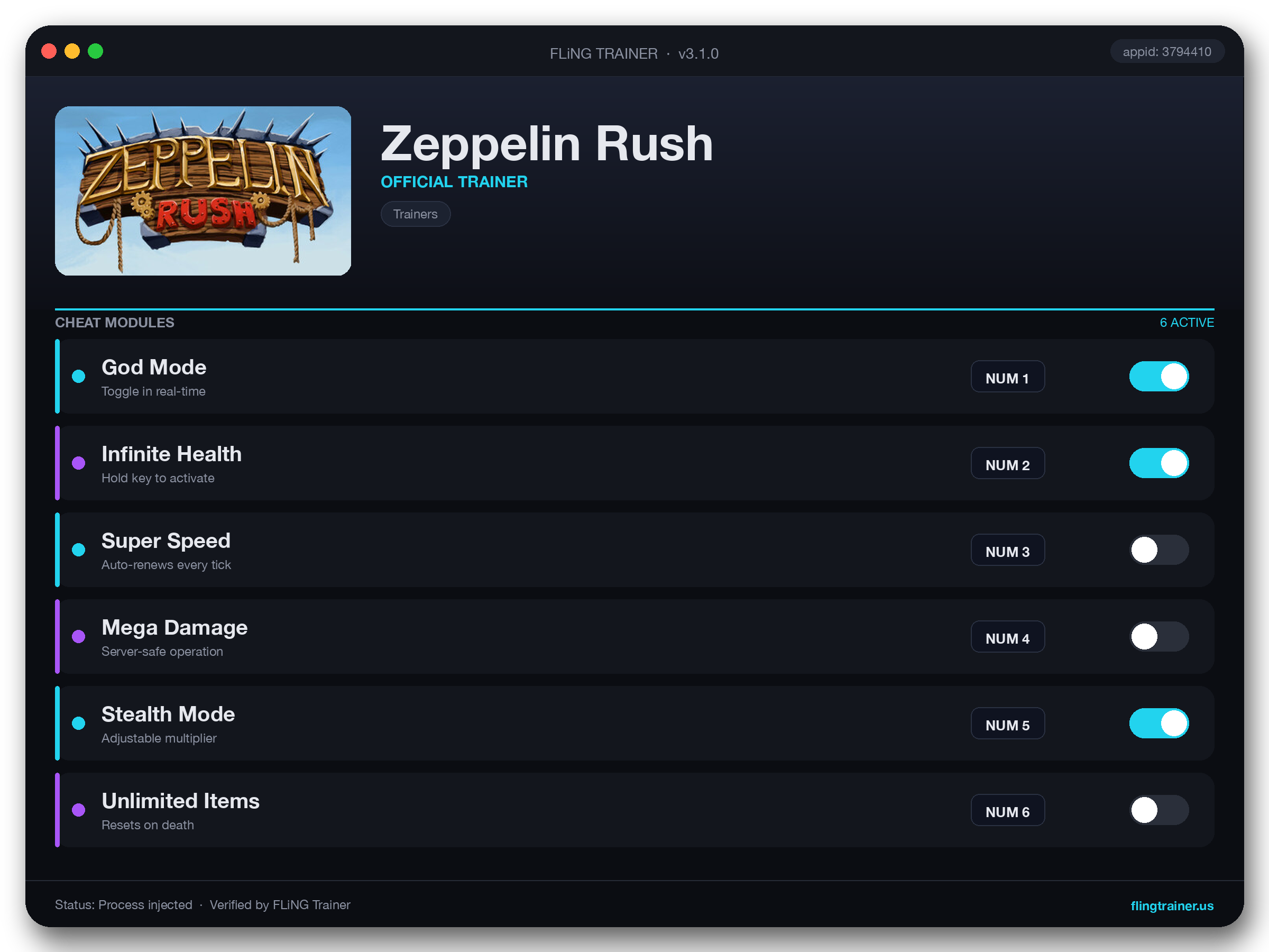 Zeppelin Rush Trainer interface