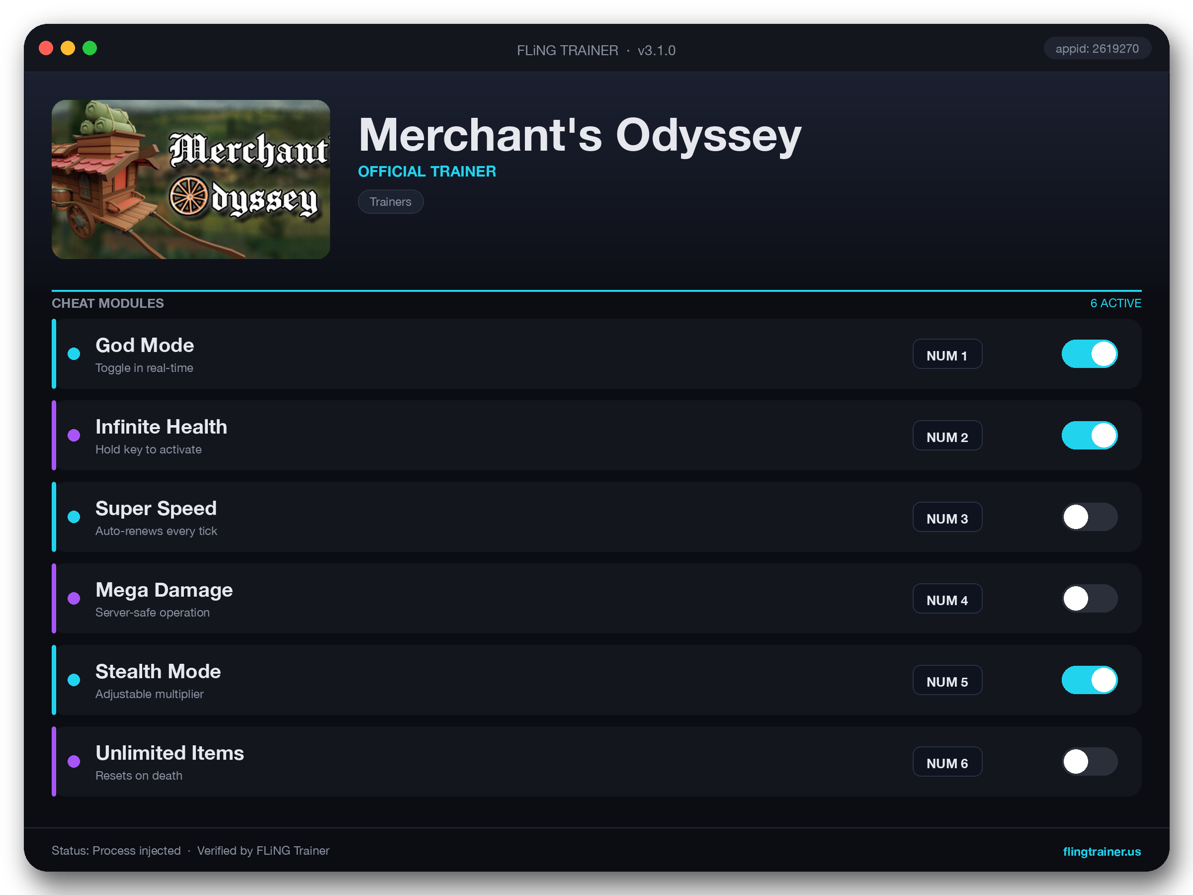 Merchant's Odyssey Trainer interface