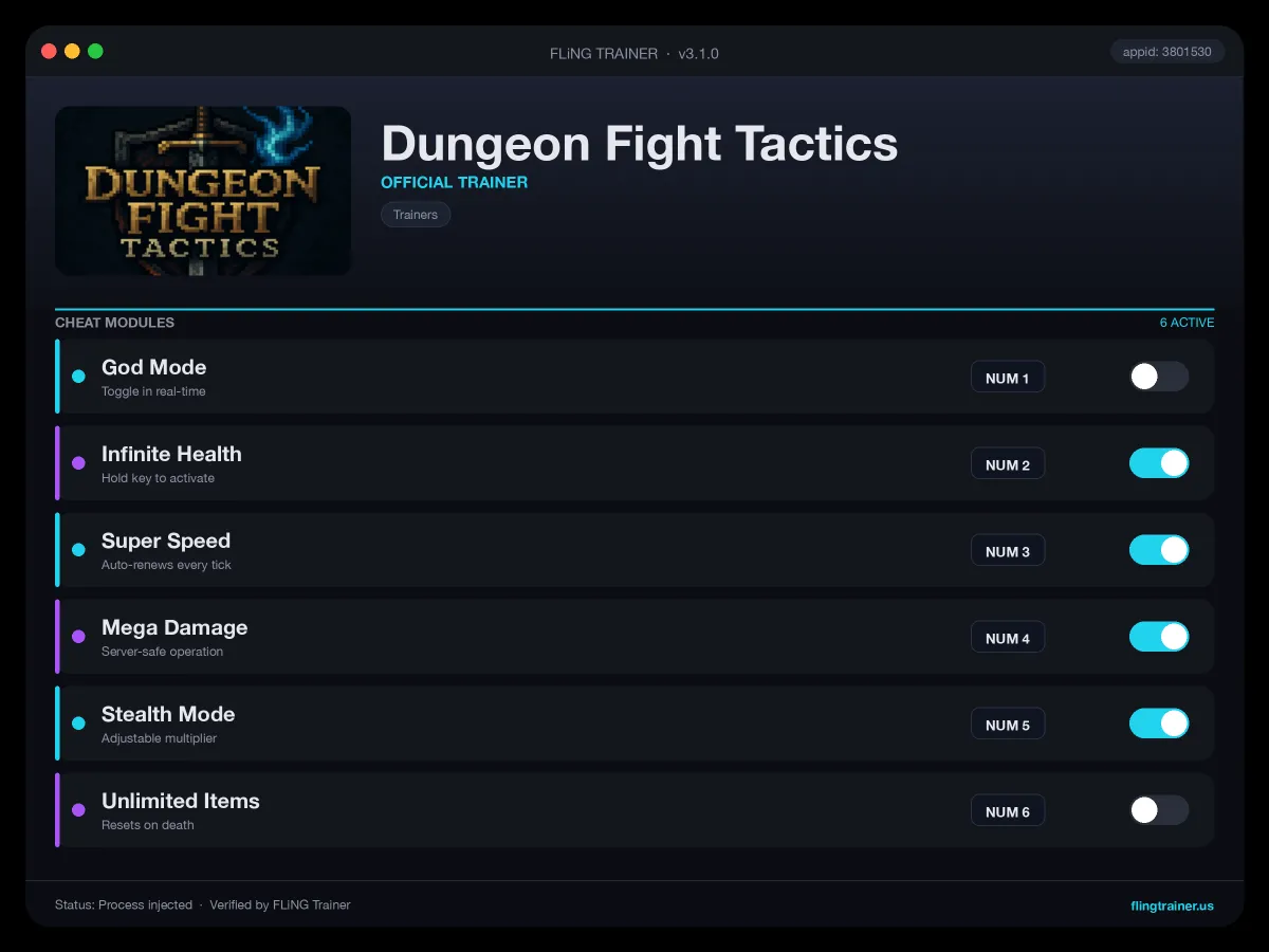 Dungeon Fight Tactics Trainer interface