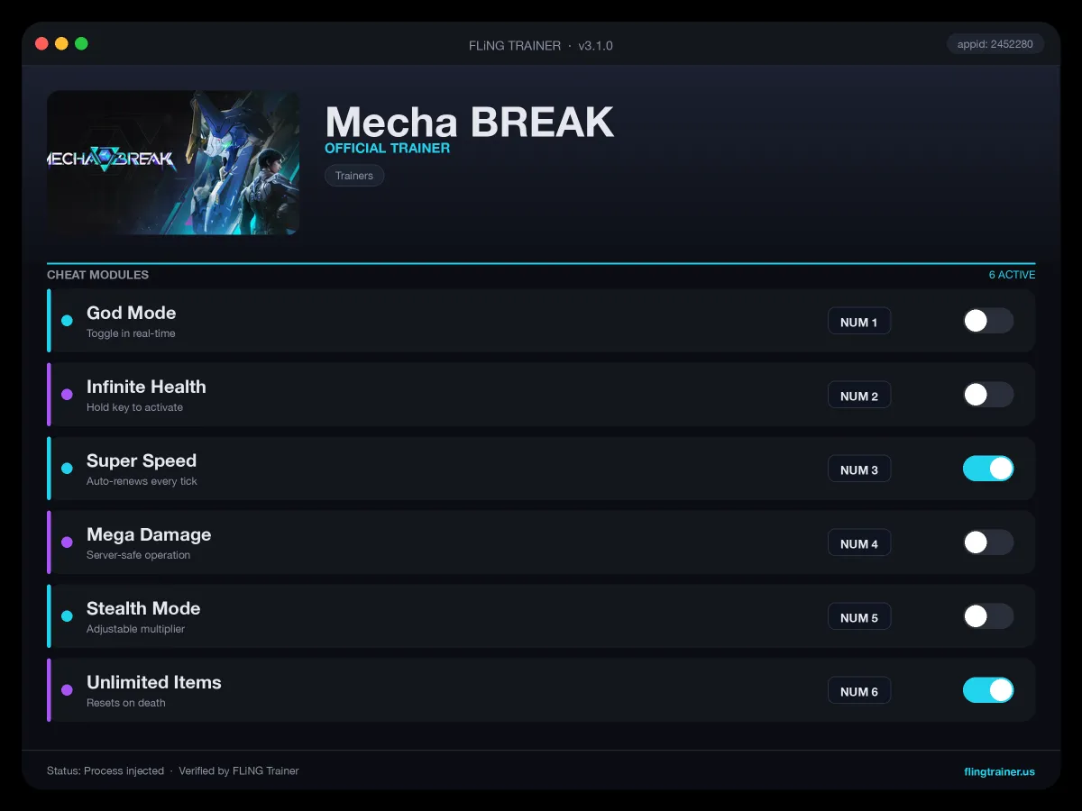 Mecha BREAK Trainer interface