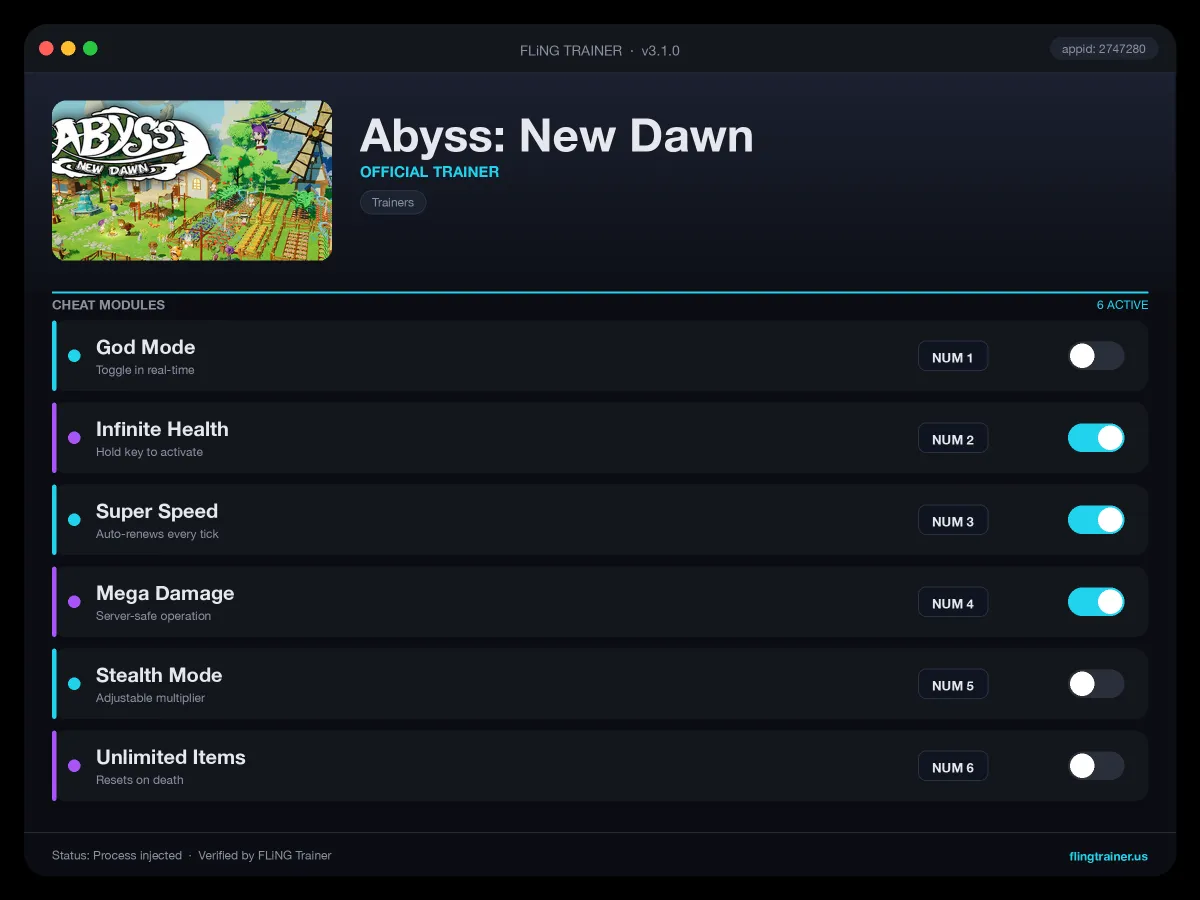 Abyss: New Dawn Trainer interface