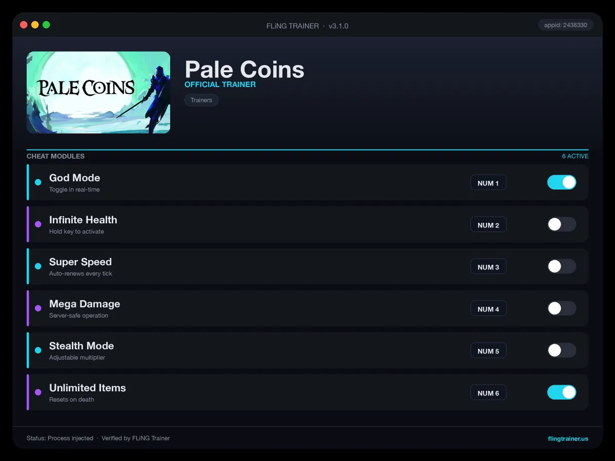Pale Coins Trainer interface