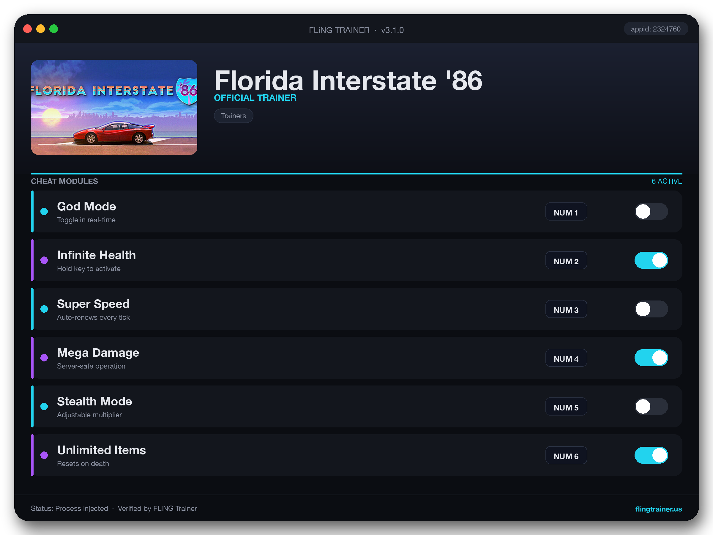 Florida Interstate '86 Trainer interface